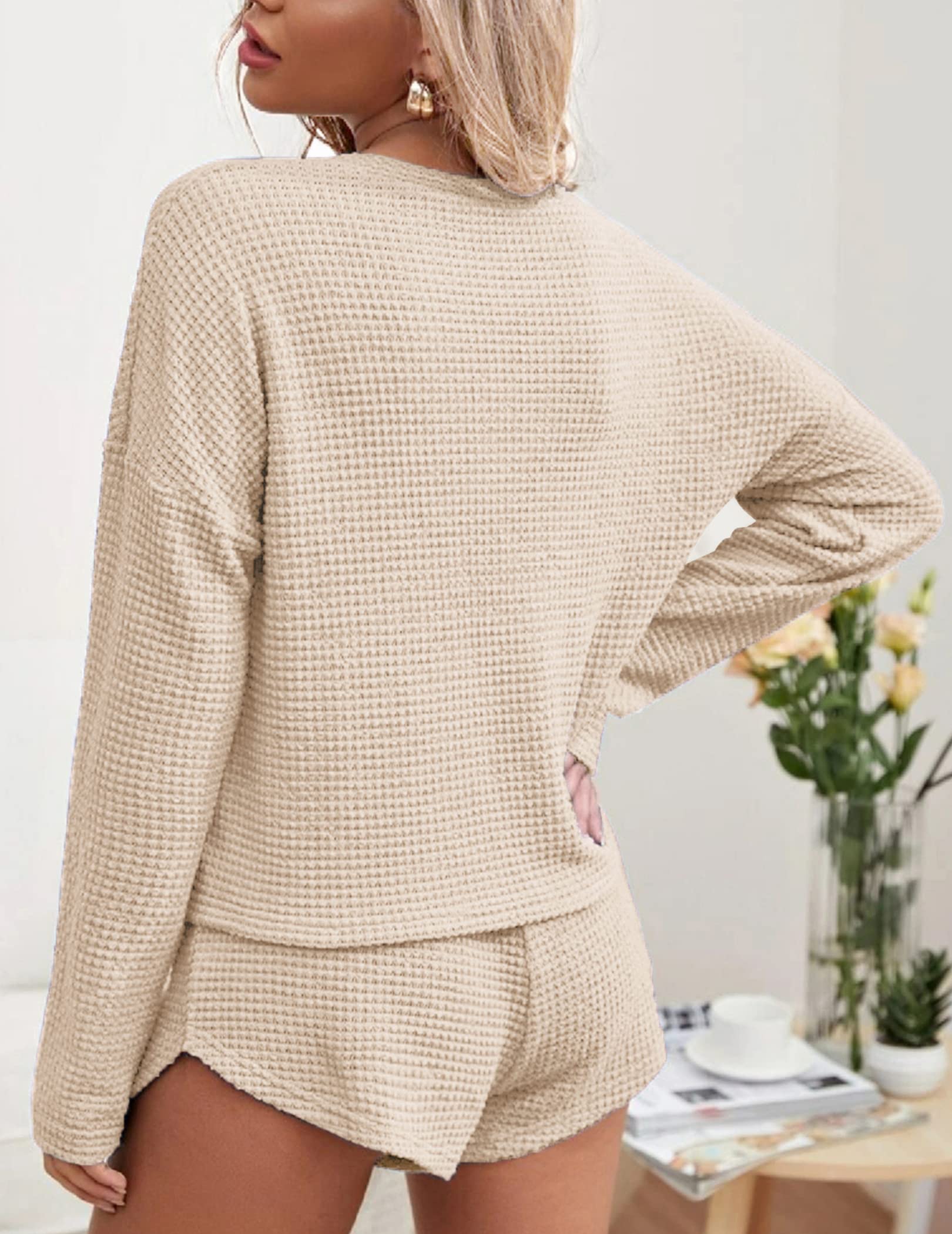 Ekouaer Women's Waffle Knit Pajama Set - Long Sleeve Top & Shorts Lounge Wear with Pockets | Soft Sleepwear & Cozy Loungewear for Home Relaxation & Nighttime Comfort