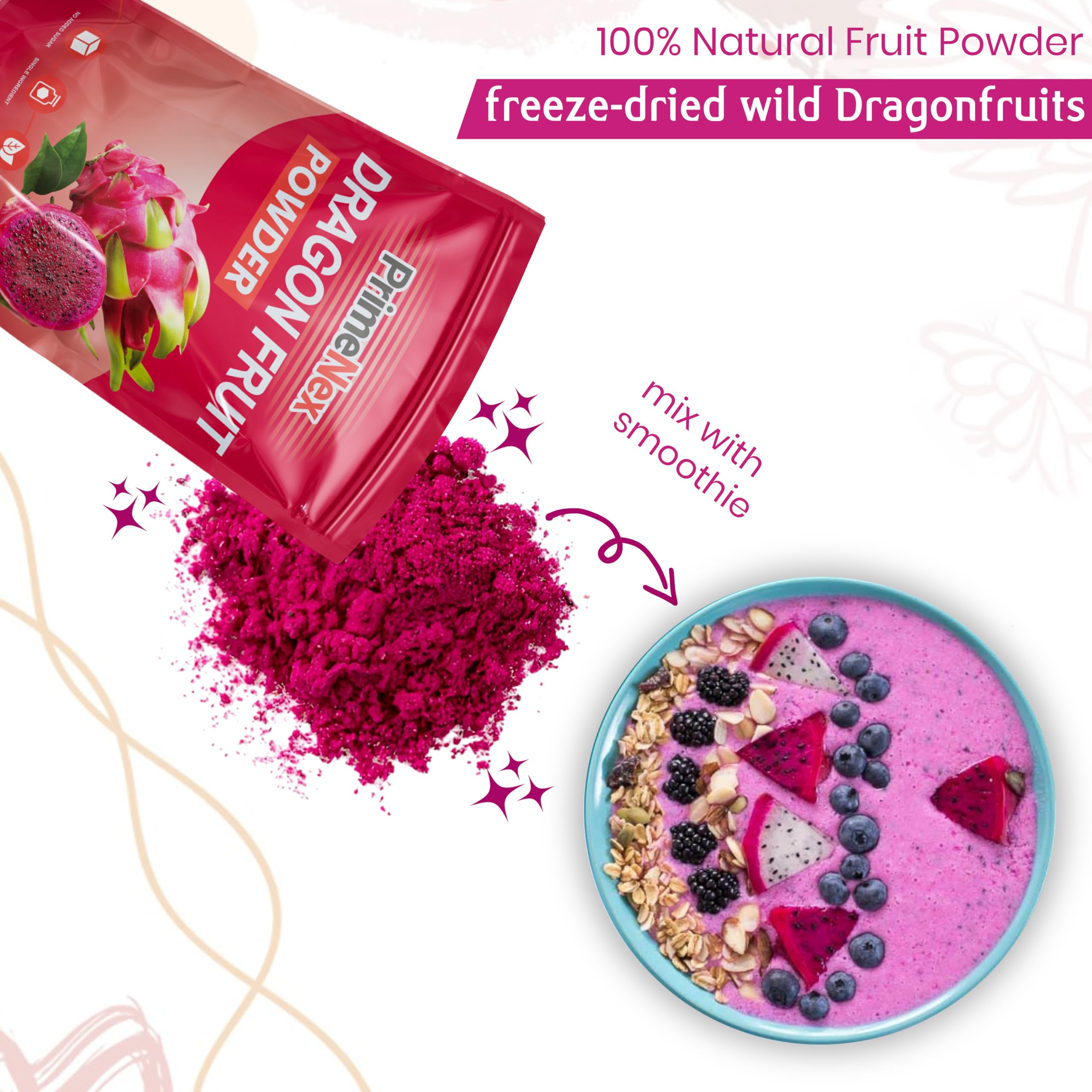 Freeze-Dried Dragon Fruit Pink Pitaya Powder | 100% Natural, Non-GMO, Vegan Superfood | 8oz Resealable Bag | No Sugar or Additives | Perfect for Smoothies, Drinks, Baking & Healthy Snacks | Antioxidant-Rich Superfood Powder