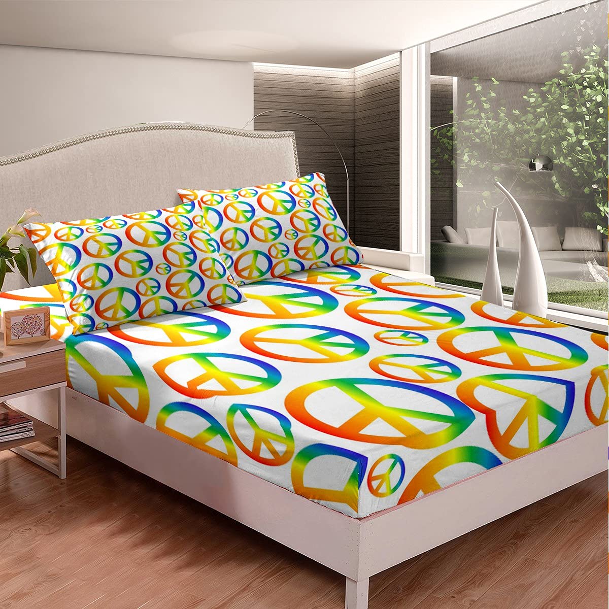 Manfei Peace Symbol Bedding Set 3pc - Colorful Peace Sign Printed Microfiber Sheets - Full Size Rasta Culture Inspired (Fitted Sheet + 2 Pillowcases) - Perfect for Hippie Themed Bedrooms & Music Festival Camping