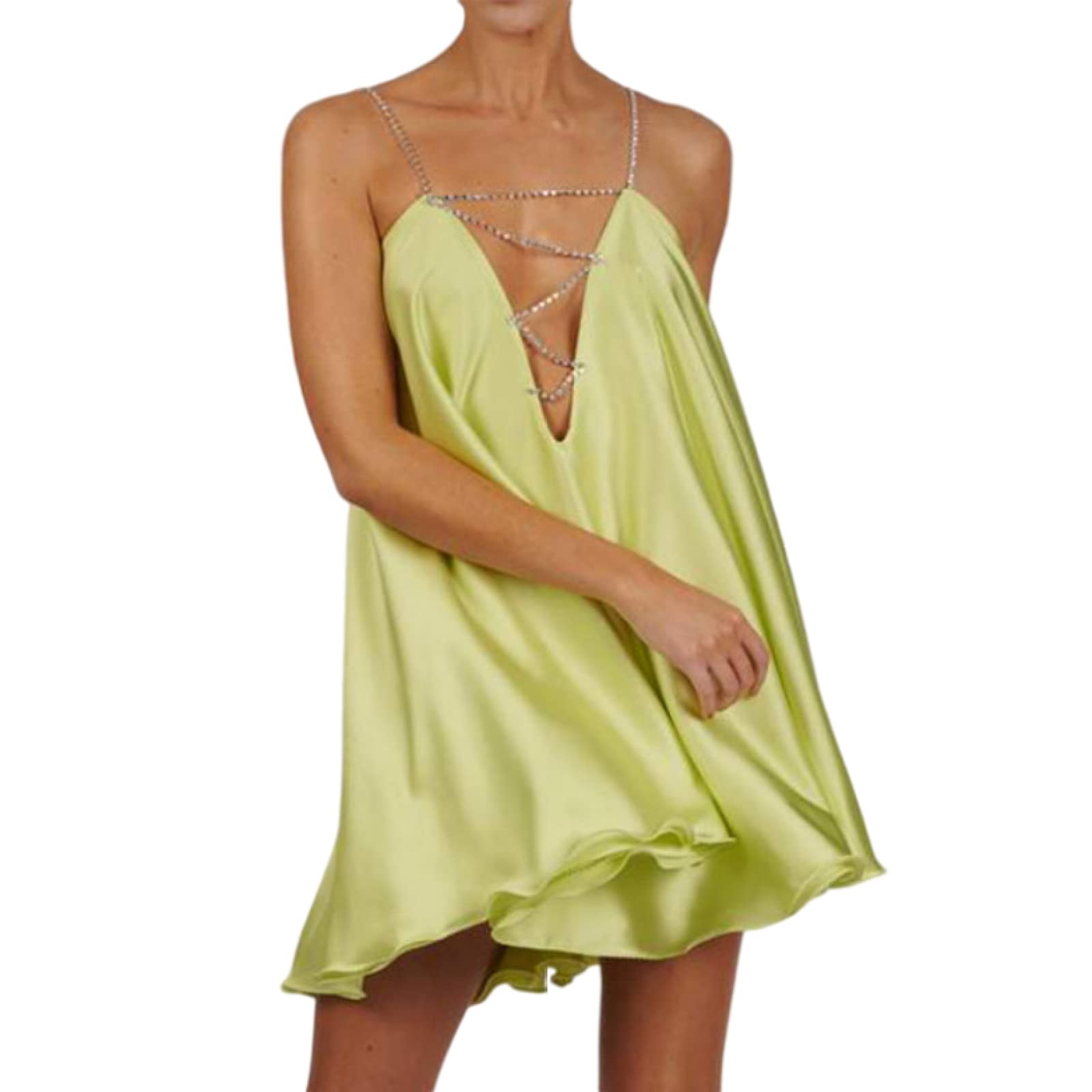Sexy Summer Satin Women's Dress with V-Neck & Spaghetti Straps - Low Back Swing Vintage Party Club Dress in Black & Green | Perfect for Night Out, Date Night & Special Occasions