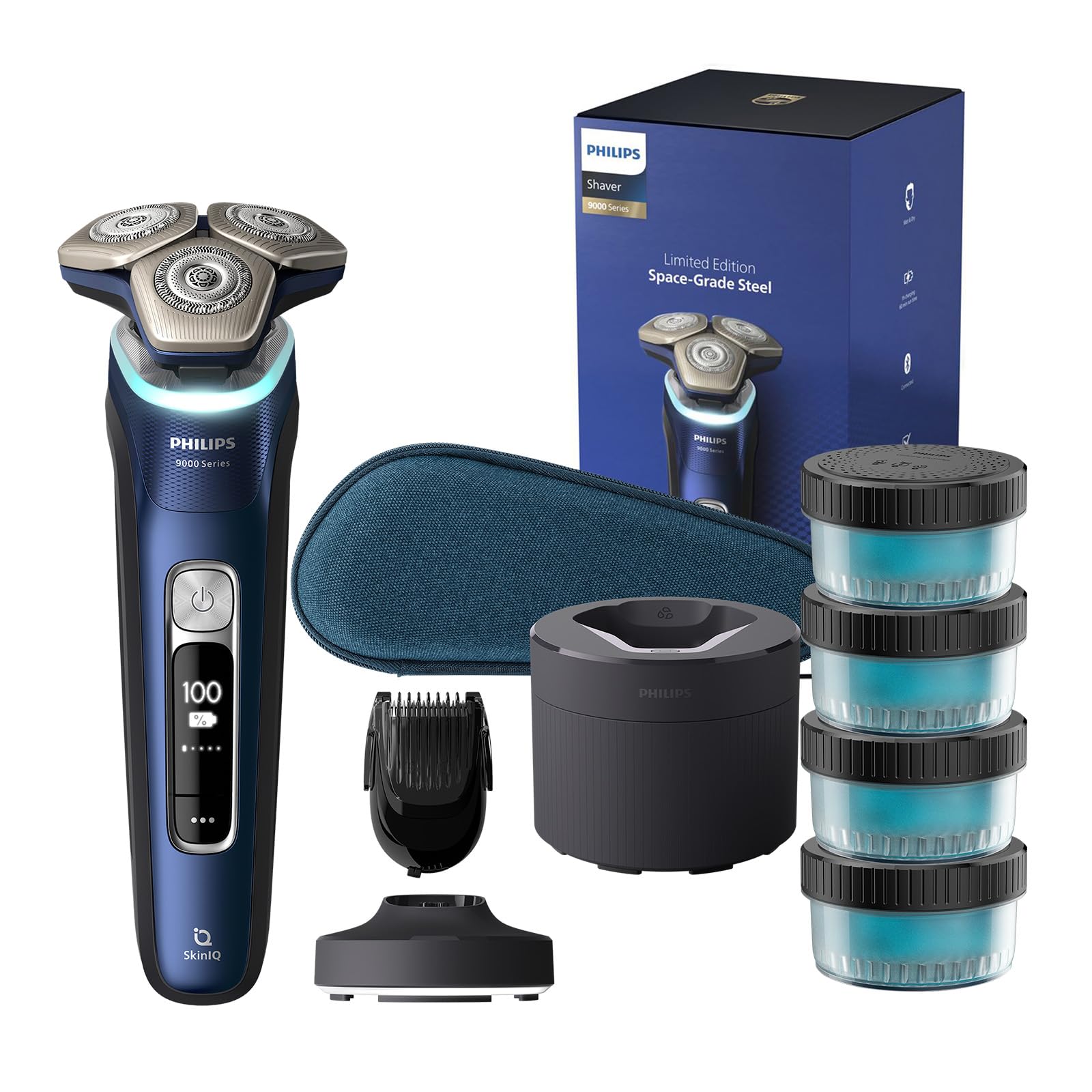 Philips Series 9000 Wet & Dry Electric Shaver for Men (Model S9980/74) - Blue Rechargeable Razor with SkinIQ Technology, Lift & Cut System, Pop-up Trimmer, Beard Styler, Charging Stand & Travel Case - Perfect for Home, Travel & Daily Grooming Routine
