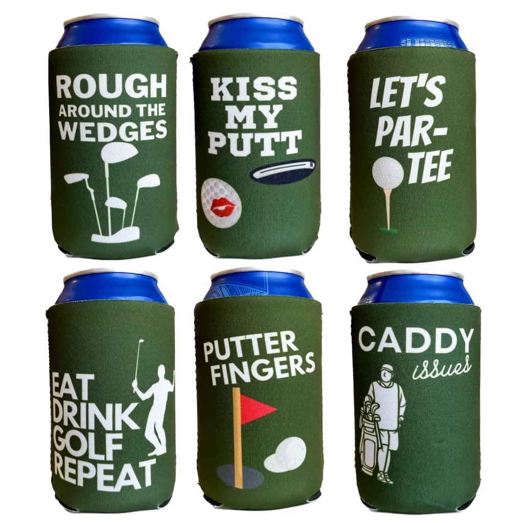 Premium Neoprene Golf Can Coolers - 6-Pack Insulated Beer & Soda Koozies - Funny Golf-Themed Gift Set for Men & Women - Perfect for Golf Tournaments, BBQs & Tailgating (Design Set 2, Fits 12oz Cans)
