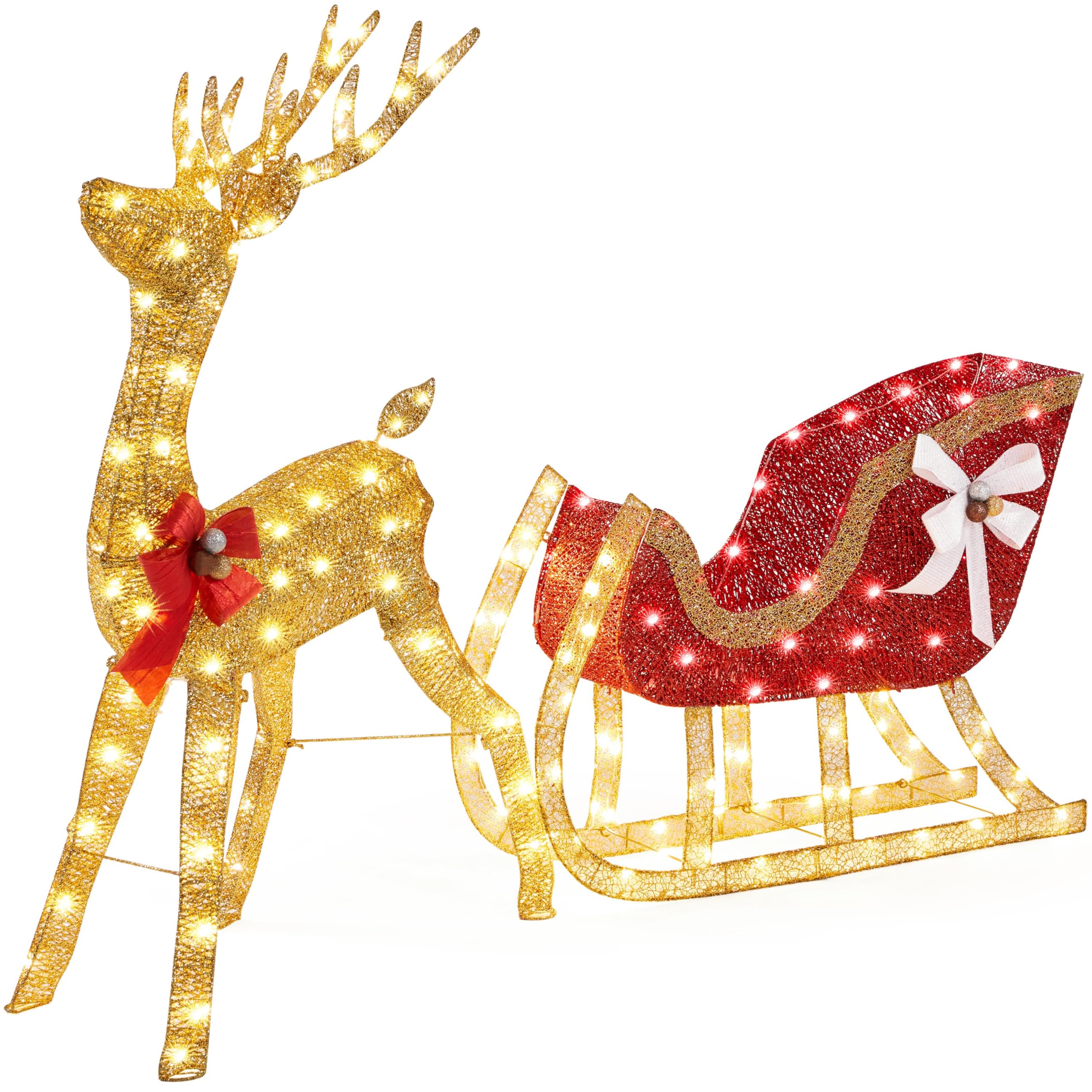 Yaheetech Lighted Christmas Reindeer & Santa Sleigh Set - Outdoor/Indoor Holiday Decor with 360 Warm White LED Lights - Perfect for Front Yard, Garden, Porch, and Indoor Christmas Decoration