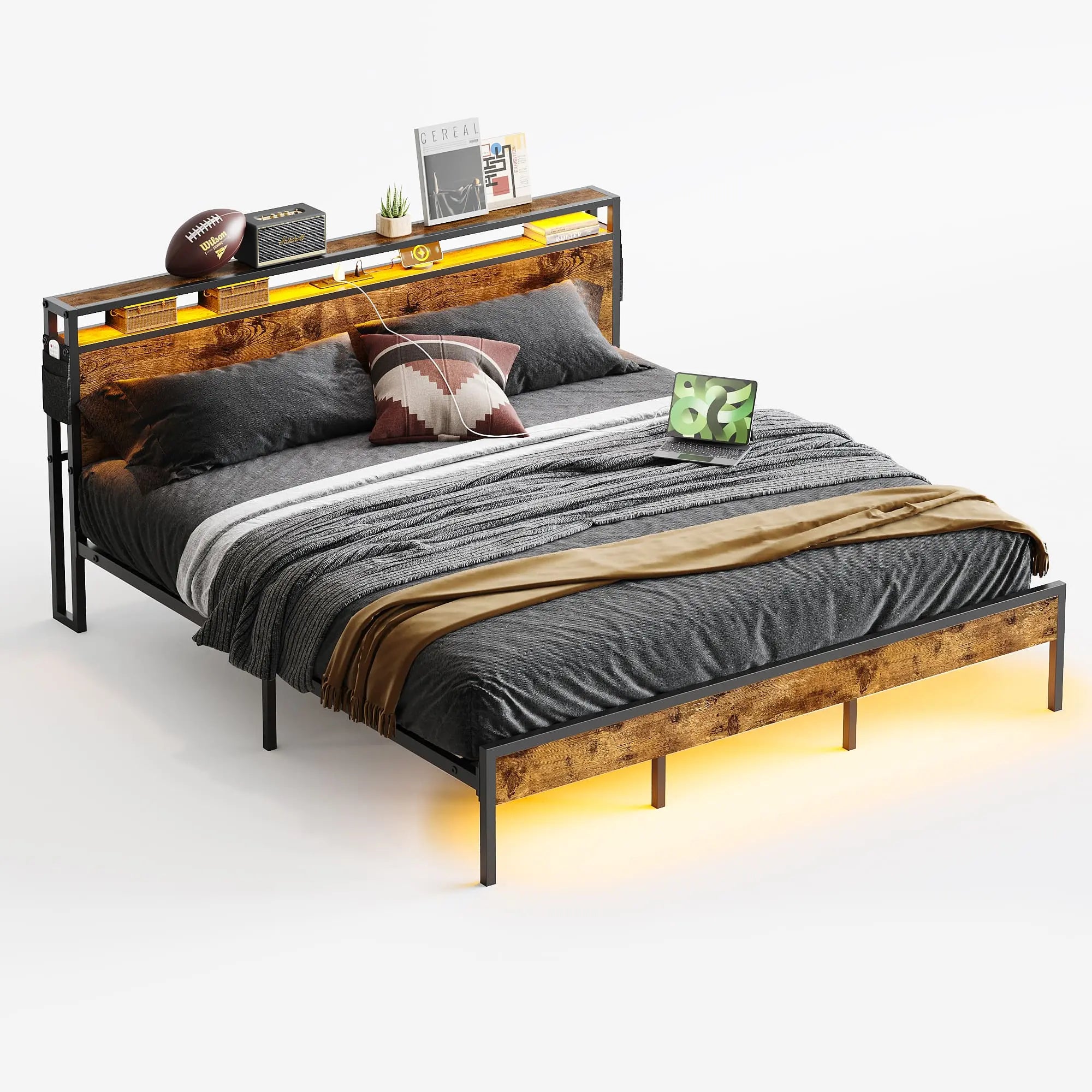 Bestier LED King Size Bed Frame with Headboard and USB Ports - Modern Platform Bed for Bedroom, Home Decor, and Relaxation