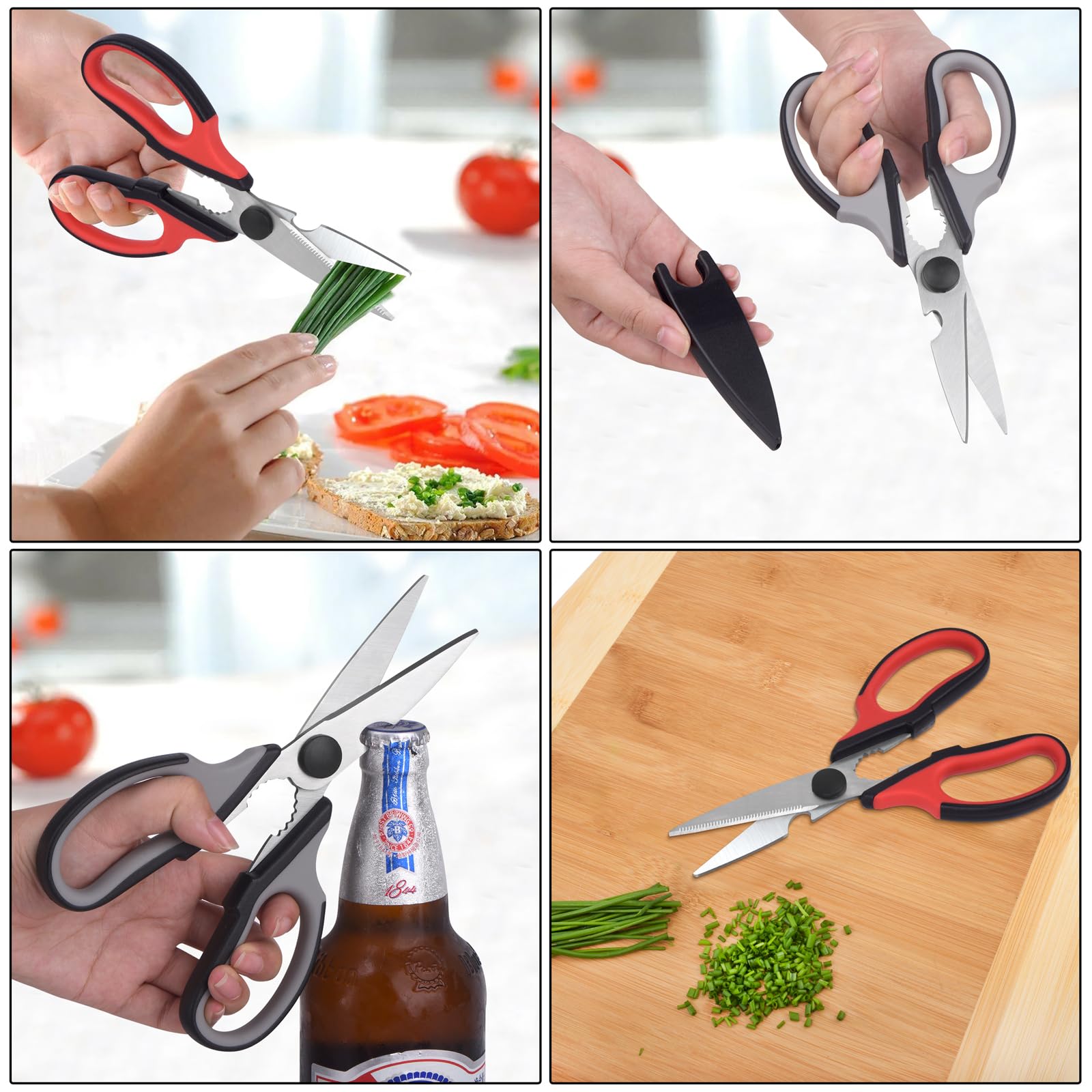 Premium Left-Handed Kitchen Shears - Heavy Duty Stainless Steel Meat & Poultry Scissors for Cooking, Food Prep & Crafting - 2-Pack (Black/Red & Black/Gray) - Perfect for Cutting Herbs, Trimming Fat, Opening Packages & DIY Projects