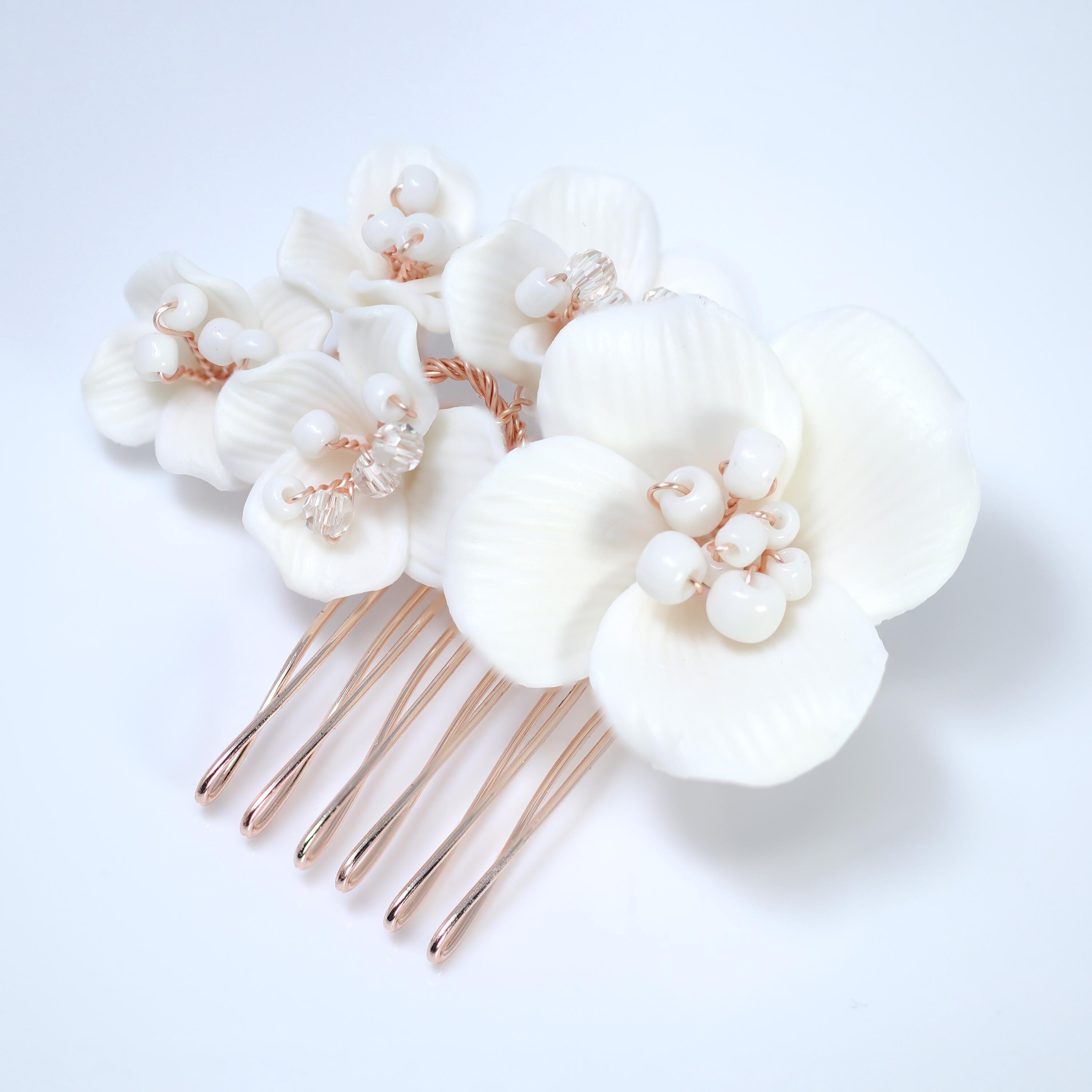 Elegant White Ceramic Floral Hair Comb - Bridal Hairpiece for Weddings & Special Occasions | Perfect Wedding Hair Accessory for Brides & Bridesmaids