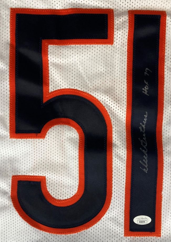 Dick Butkus Chicago Bears Signed White Football Jersey - HOF 1979 - JSA Certified - Perfect for Sports Memorabilia Collectors and Chicago Bears Fans Display