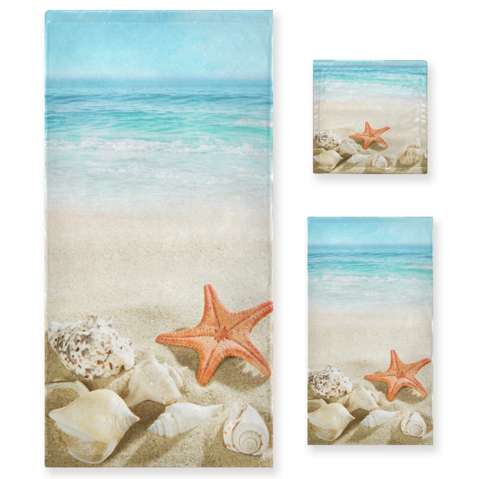 ALAZA Luxury Soft Starfish Seashell Bath Towel Set - 1 Bath Towel, 1 Hand Towel, 1 Washcloth - Decorative Beach Towels for Bathroom, Kitchen, Spa & Summer Vacation - Premium 3-Piece Towel Set for Home & Travel