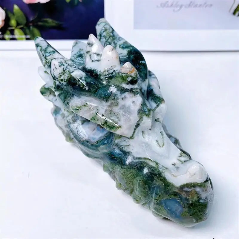 10CM Natural Moss Agate Dragon Skull Carved Crystal Statue - Healing Crystal for Feng Shui, Reiki Energy, Home & Office Decor - Unique Spiritual Gift for Meditation & Yoga Spaces