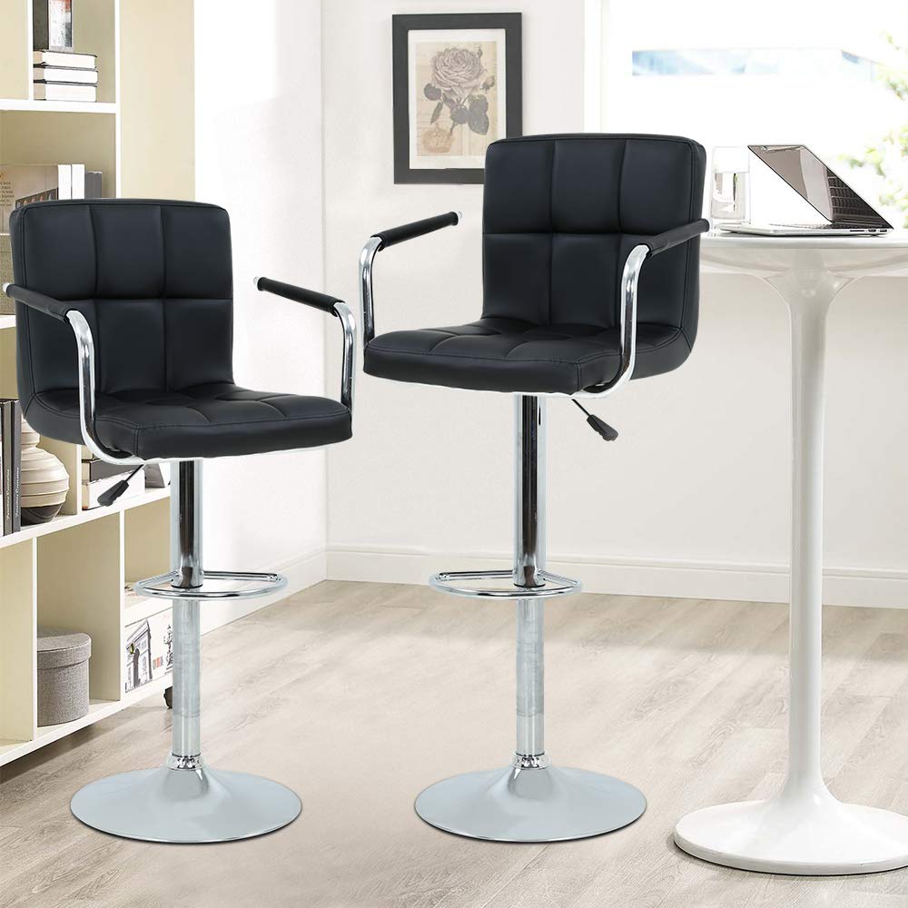 HHS Adjustable Swivel Bar Stool Set of 2 - PU Leather Counter Height Bar Chairs with Backrest & Arms, Metal Base for Kitchen Island, Dining Room, Bar Counter - Perfect for Entertaining, Breakfast Nooks & Home Decor (Black)