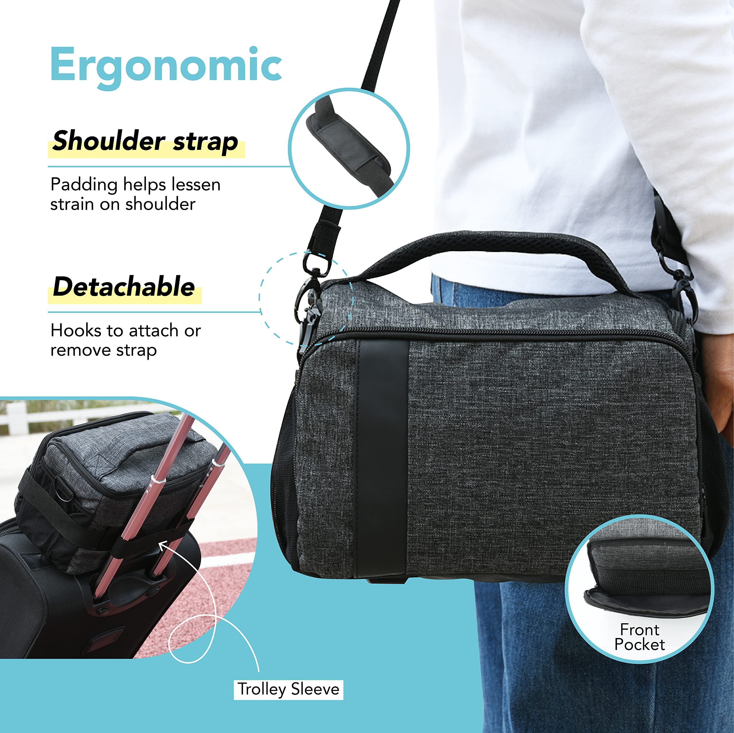 Foto&Tech Medium Gray Camera Bag with Padded Strap & Rain Cover - Waterproof DSLR Camera Case for Compact Mirrorless Cameras, Lenses & Accessories | Perfect for Travel, Hiking & Outdoor Photography