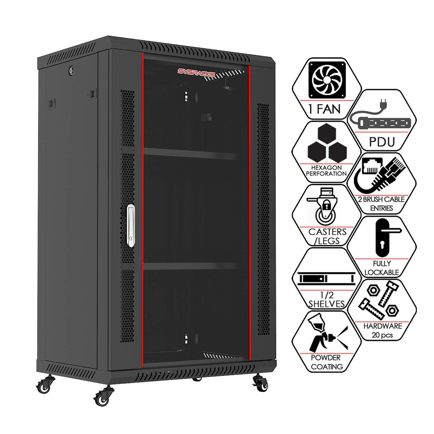 Sysracks 18U Wall Mount Server Rack Cabinet - Secure Network & AV Equipment Enclosure with Locking Doors, Adjustable Legs, Power Strip, Shelves & Cooling Fan - 24-Inch Deep for Data Centers, Home Studios & Office IT Installations