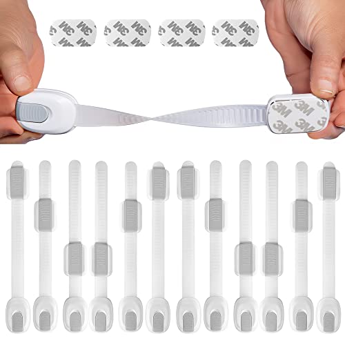 **Nitems Child Safety Cupboard Locks - Adjustable Baby Straps with Strong 3M Adhesive - Toddler Safety Straps for Kitchen Cabinets, Drawers, Toilet Seats, Oven Doors, Fridges & Trash Cans - Easy to Install (12 Pack + 4 Extra 3M Adhesives) - Perfect for Baby-Proofing Your Home**