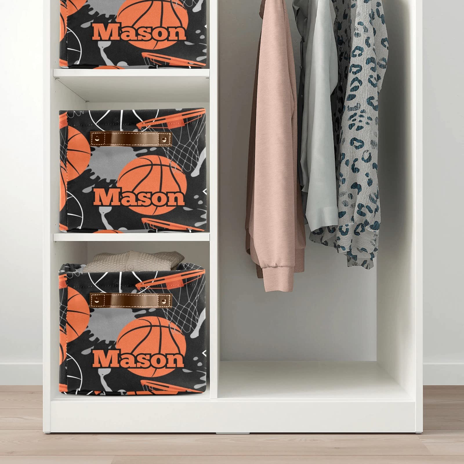 Personalized Large Storage Baskets with Handle - 2 Pack Black Basketball Design Organizing Bins for Shelves, Closet, Bathroom & Nursery - Perfect for Home Organization & Decorative Storage