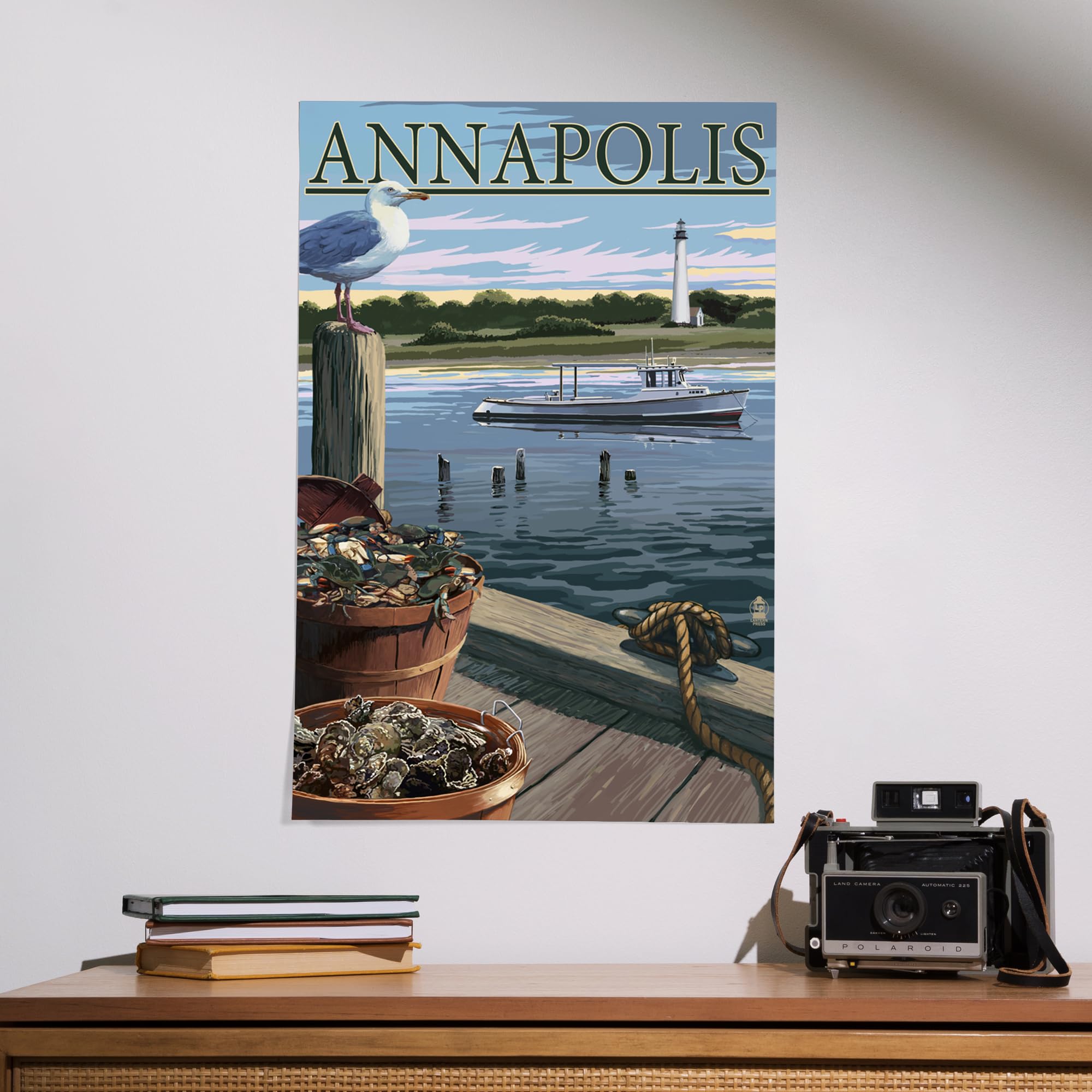 Lantern Press 16x24 Inch Giclee Art Print - Annapolis Maryland Blue Crab & Oysters on Dock - Coastal Wall Decor for Living Room, Kitchen or Beach House
