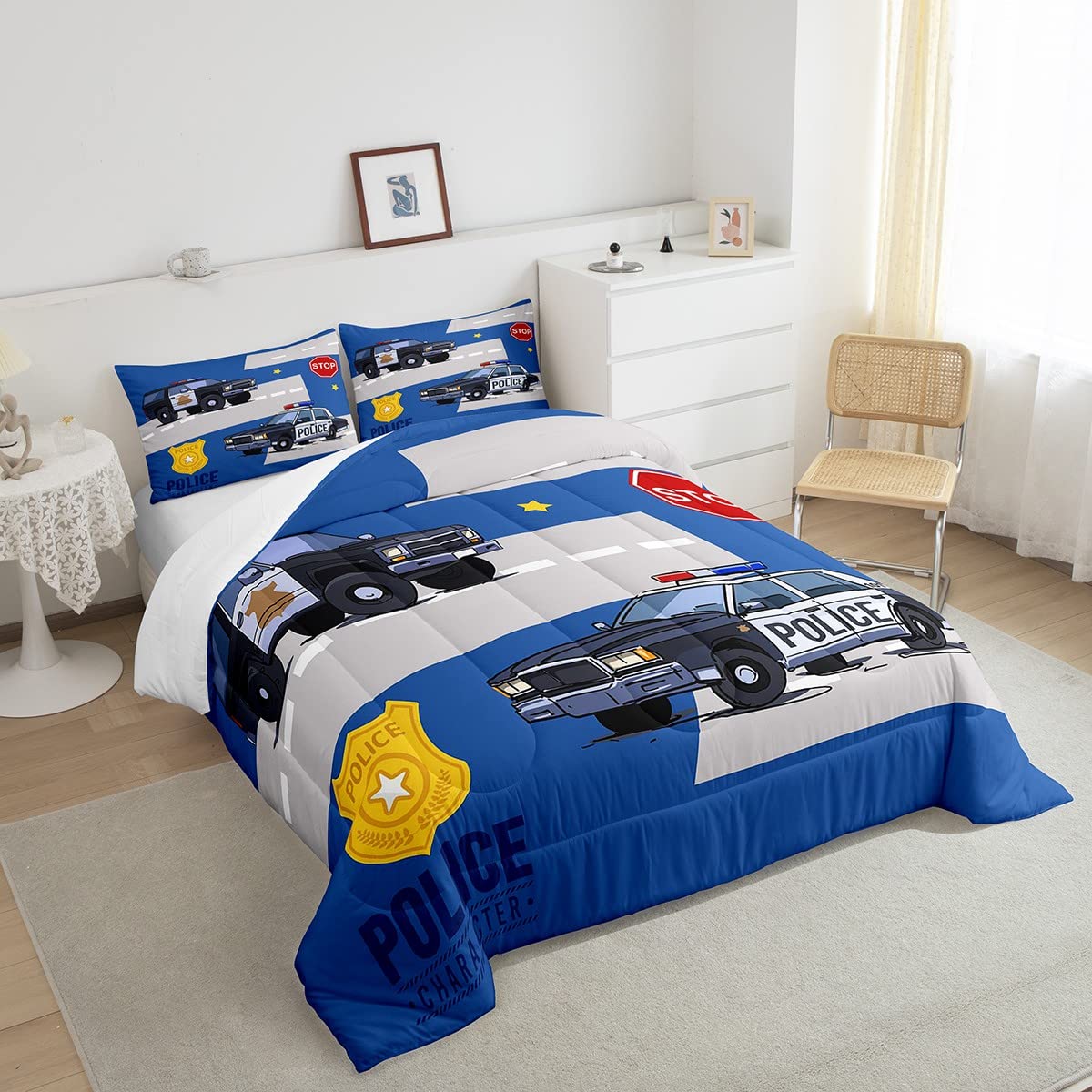 Erosebridal Police Car Comforter Set for Kids - Twin Size Cartoon Policeman Bedding with Badge Quilt & Pillowcase (Blue/Grey) | Perfect for Boys' Room Decor, Themed Sleepovers & Police Car Lovers