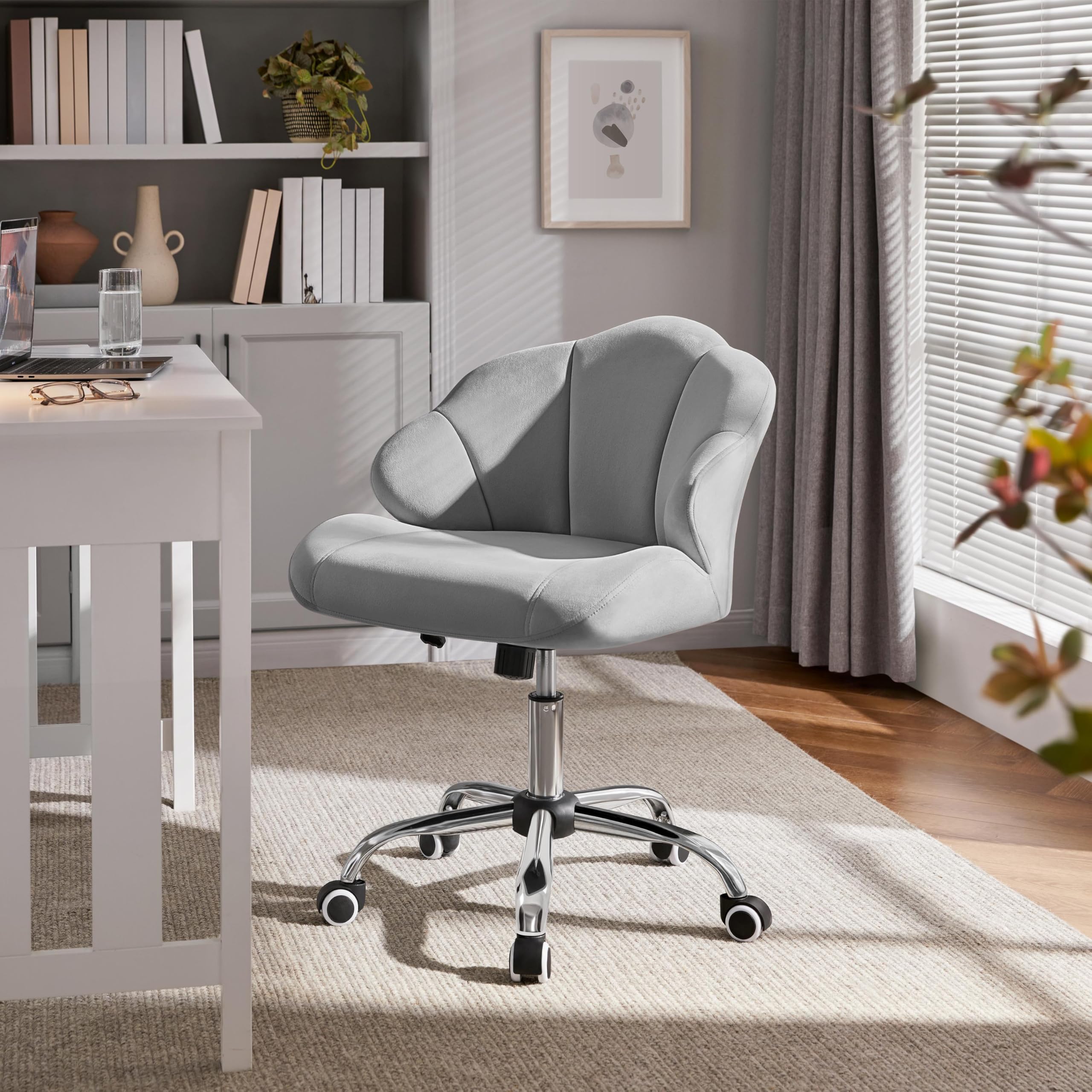 Yaheetech Velvet Swivel Vanity Chair with Wheels - Adjustable Height Home Office Desk Chair with Shell-Shaped Backrest for Bedroom Makeup & Dressing Table (Light Gray) - Perfect for Beauty Salon, Bridal Dressing Room & Home Office Workspace