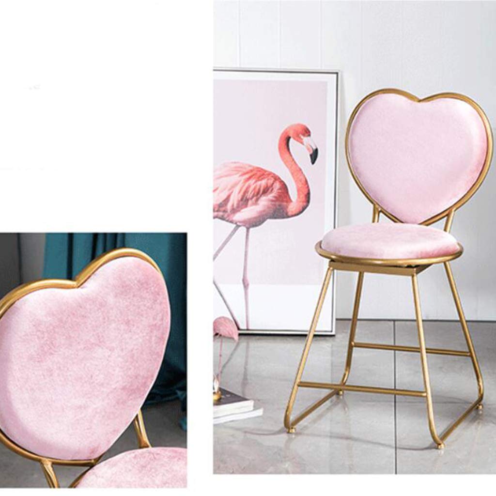 Heart-Shaped Backrest Makeup Chair - Golden Metal Dressing Table Stool with Pink Flannel Upholstery for Kids Room, Reading Nook & Vanity Decor | Perfect for Bedroom, Salon, and Beauty Studio