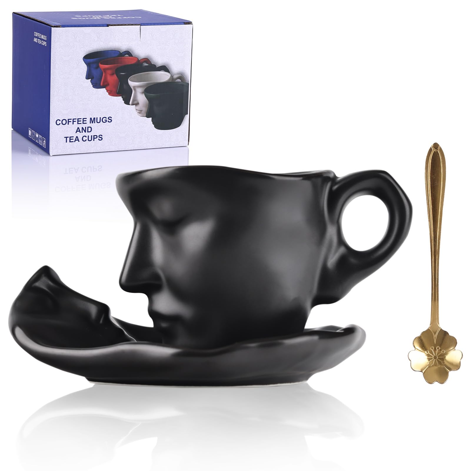 Black Ceramic Coffee Cup Set with Spoon - 8.5oz Kissing Mug for Valentine's Day & Anniversaries - Perfect Romantic Gift