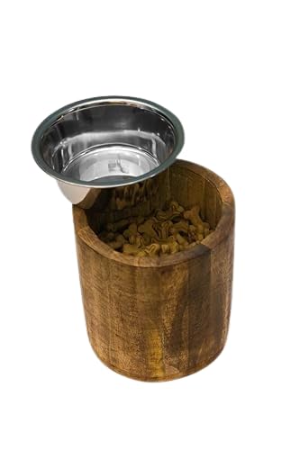 Premium Raised Wooden Pet Food Stand with Stainless Steel Bowl - 1.8L (2 Quart) Elevated Dog Cat Feeder for Comfortable Dining - Perfect for Kitchen, Living Room or Pet Feeding Station