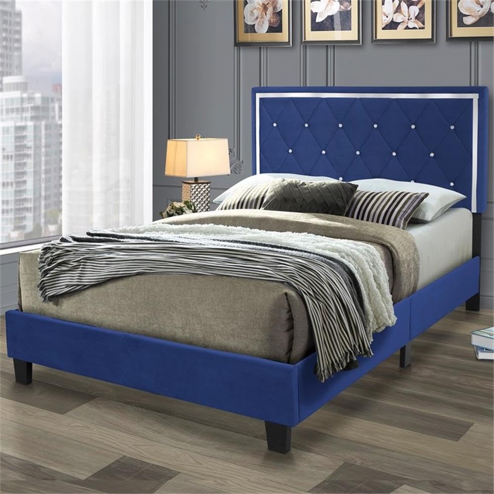 Pemberly Row Modern Velvet Upholstered Queen Size Platform Bed Frame - Luxurious Blue Velvet Fabric - Perfect for Contemporary Bedroom Decor & Master Suite Upgrade