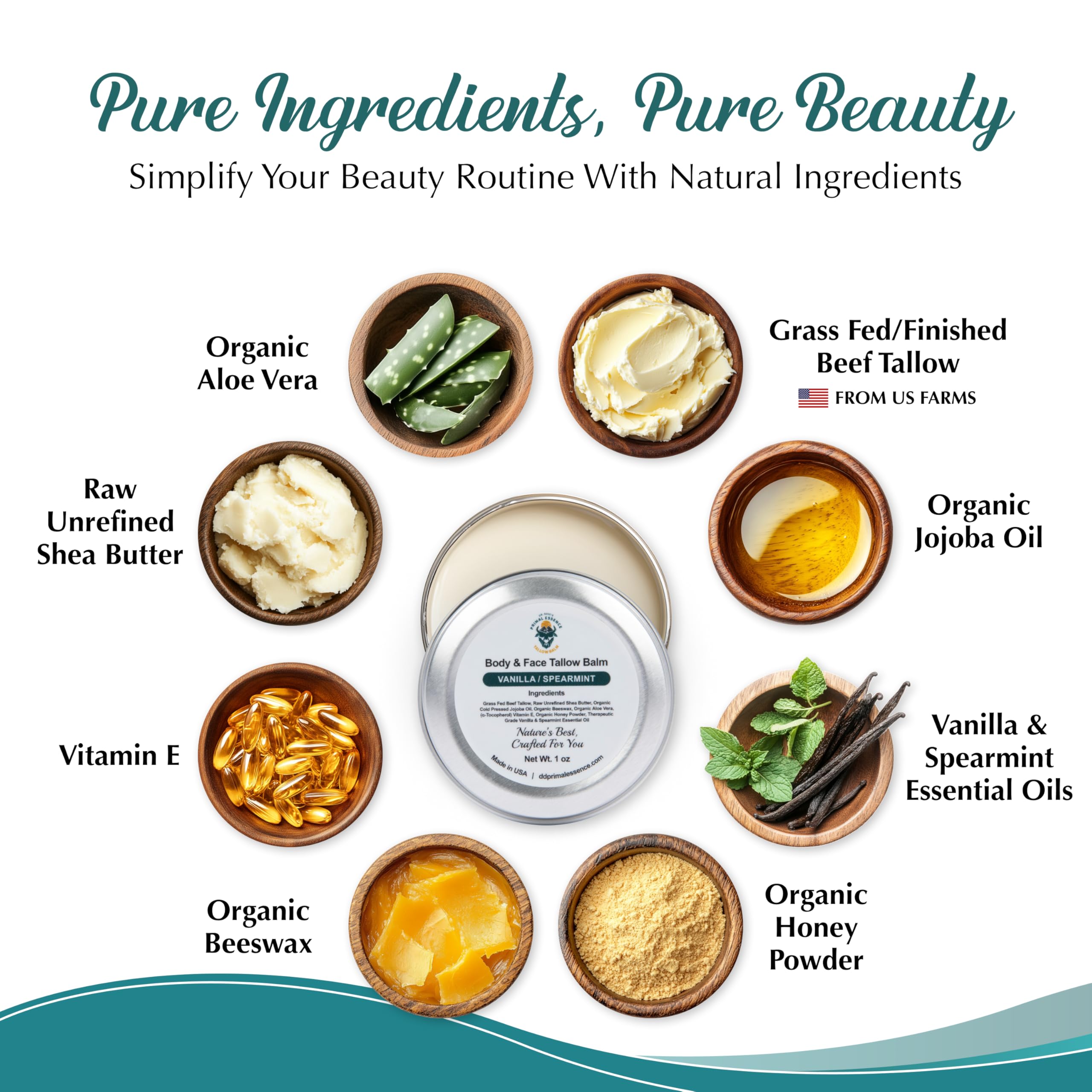 Organic Grass-Fed Beef Tallow Balm for Skin - Moisturizing Face & Body Cream with Shea Butter, Jojoba Oil, Honey & Beeswax - Vanilla Spearmint Scent - 1 oz - Perfect for Dry Skin, Eczema & Natural Skincare Routine