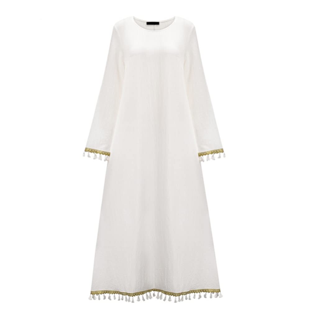 SKREOJF Women's Autumn Long Sleeve Round Neck Casual Robe - Loose Fit Home Dress with Tassel Detail in Pure White Color (Size S) | Perfect for Lounge Wear, Housewarming Gifts & Cozy Evenings