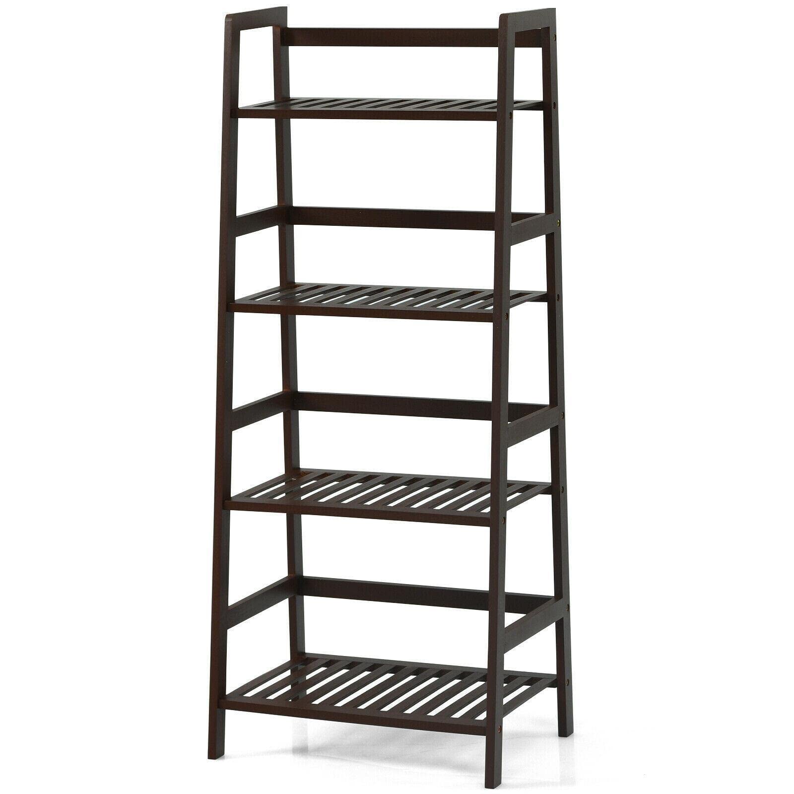 4-Tier Bamboo Ladder Shelf - Dark Brown Multi-Purpose Storage Rack for Plants, Books & Home Decor | Space-Saving Wall Shelf for Bathroom, Living Room & Bedroom Organization