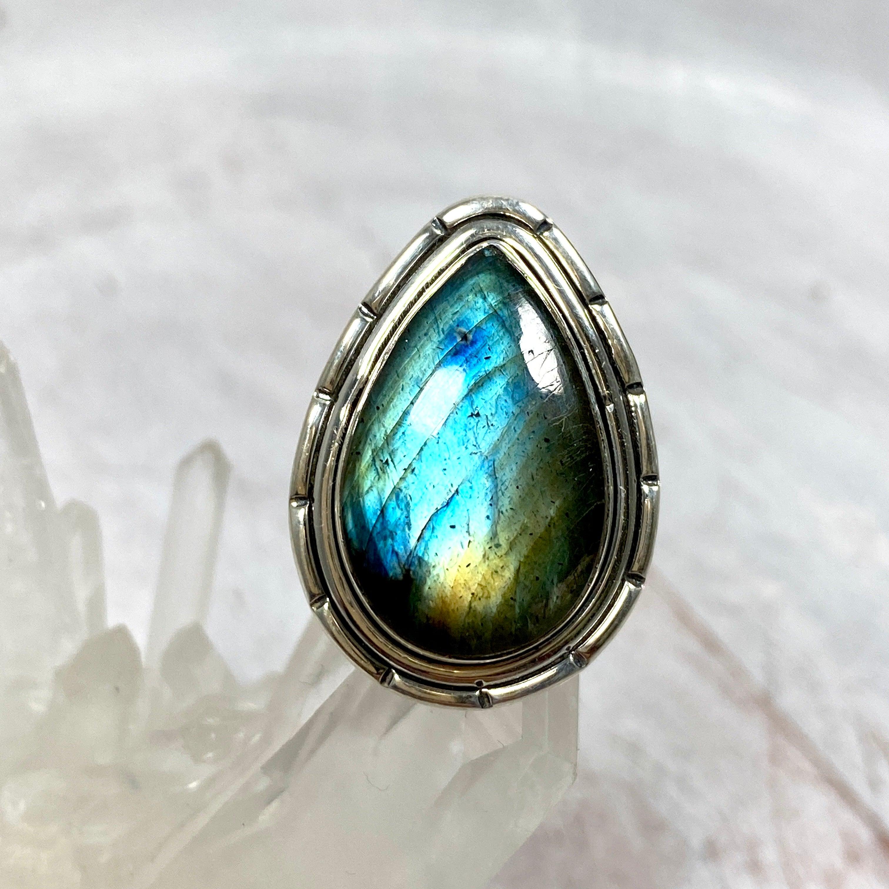Labradorite Teardrop Filigree Ring - Size 6 - KRGJ2744 - Elegant Handmade Jewelry for Women, Perfect for Weddings, Parties & Special Occasions