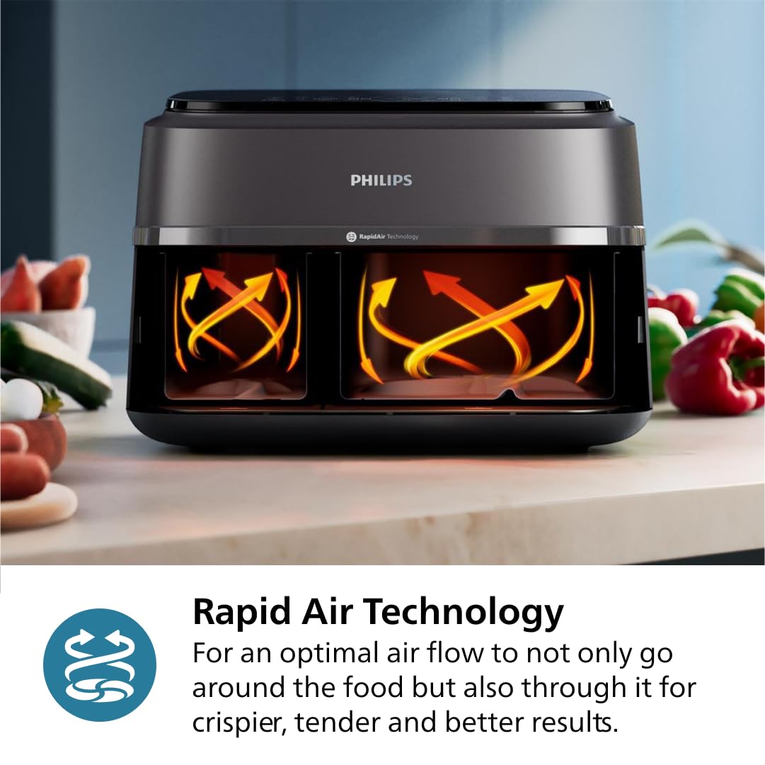 Philips Dual Basket Air Fryer 3000 Series - 8-in-1 Functions, 9.5 Quart Capacity, 2 Drawers with Auto-Sync Cooking | 90% Less Fat, Rapid Air Technology | HomeID Recipe App, Dishwasher Safe | Perfect for Family Meals, Healthy Snacks & Party Cooking (Black, Model NA350/00)