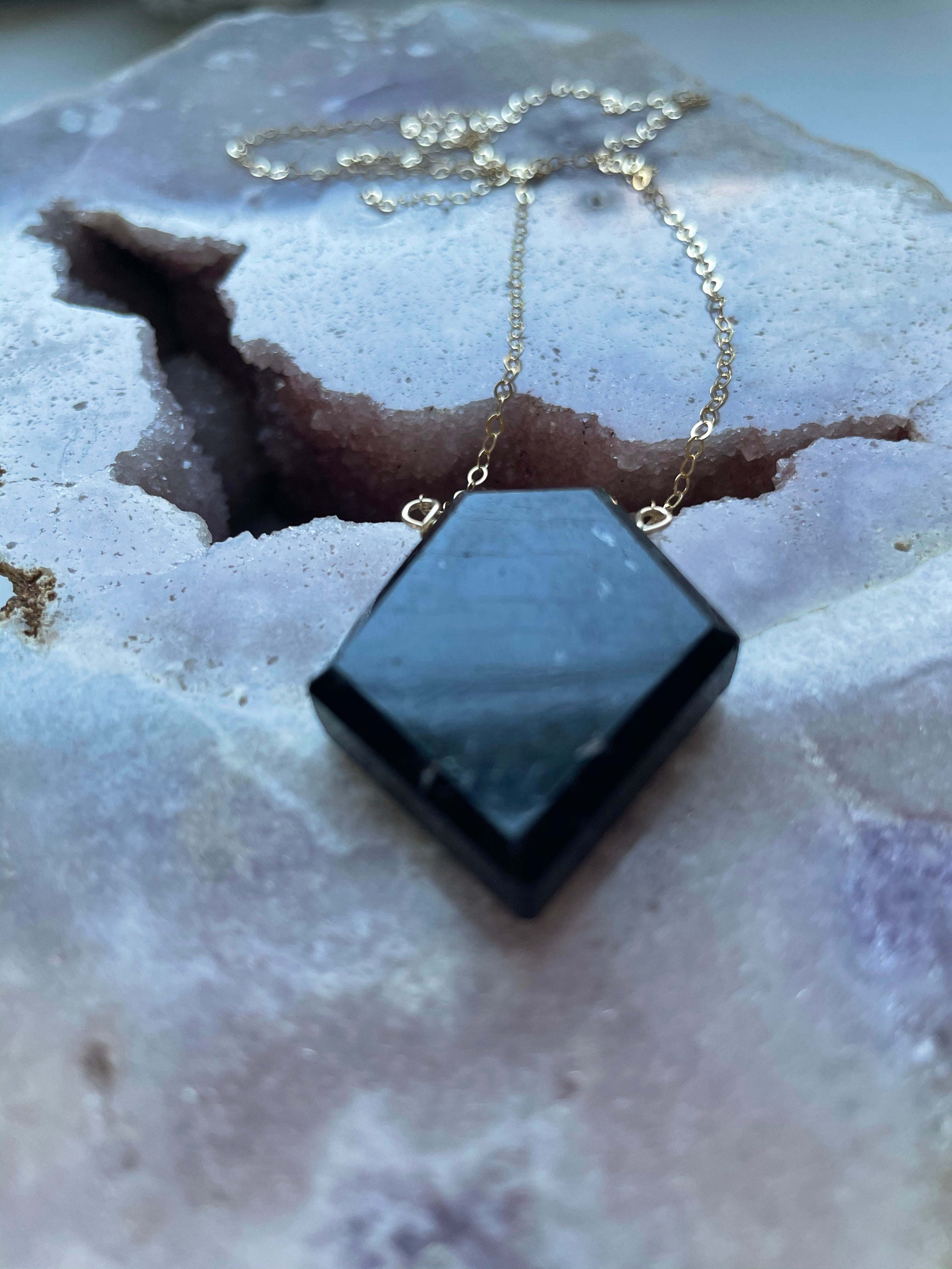 Large Black Tourmaline Shield Plate Necklace - Empath Protection Jewelry for Energy Cleansing & Spiritual Healing | Perfect for Meditation, Reiki, and Daily Wear