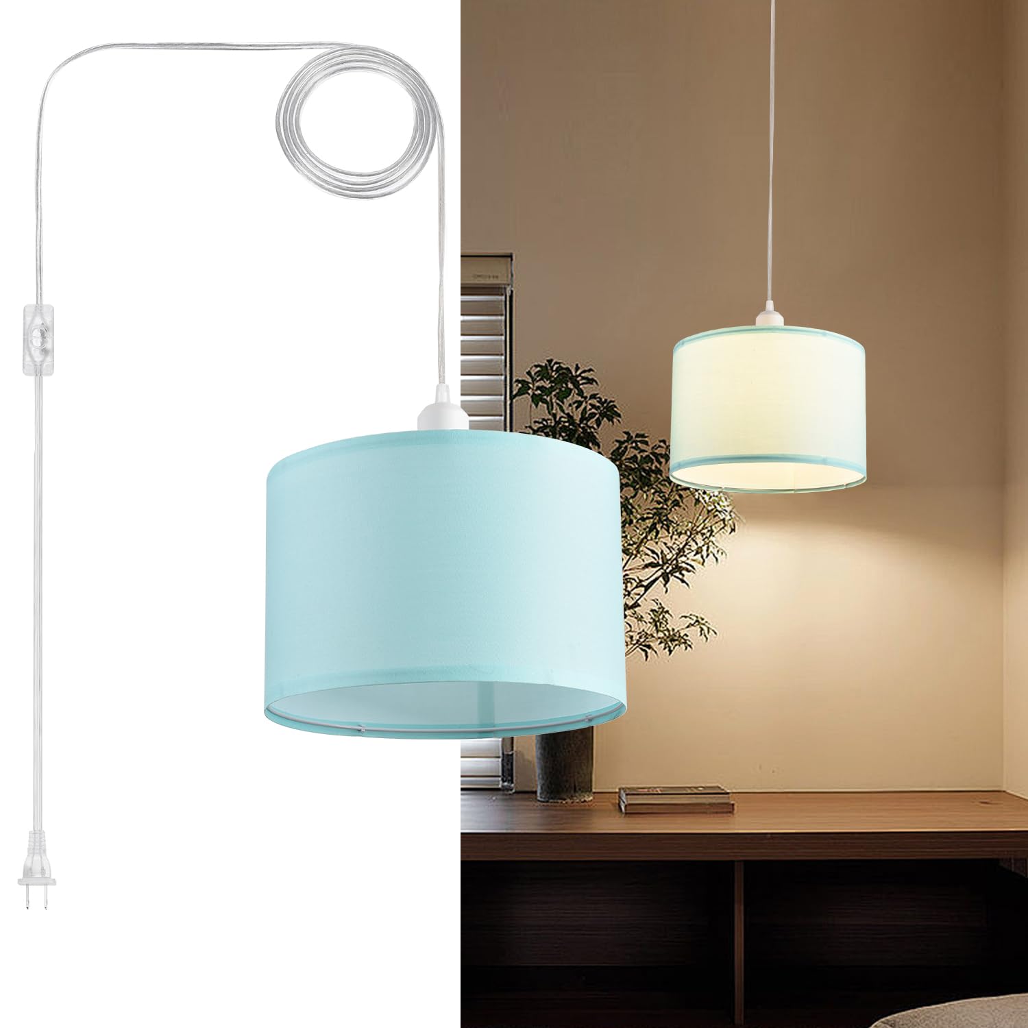 2 Pack Plug in Pendant Light with 15Ft Clear Cord & On/Off Switch - Blue Fabric Lamp Shade Hanging Light Fixture for Bedroom, Kitchen, Dining Room & Living Room - Perfect for Farmhouse Decor, Coffee Bars & Breakfast Nooks
