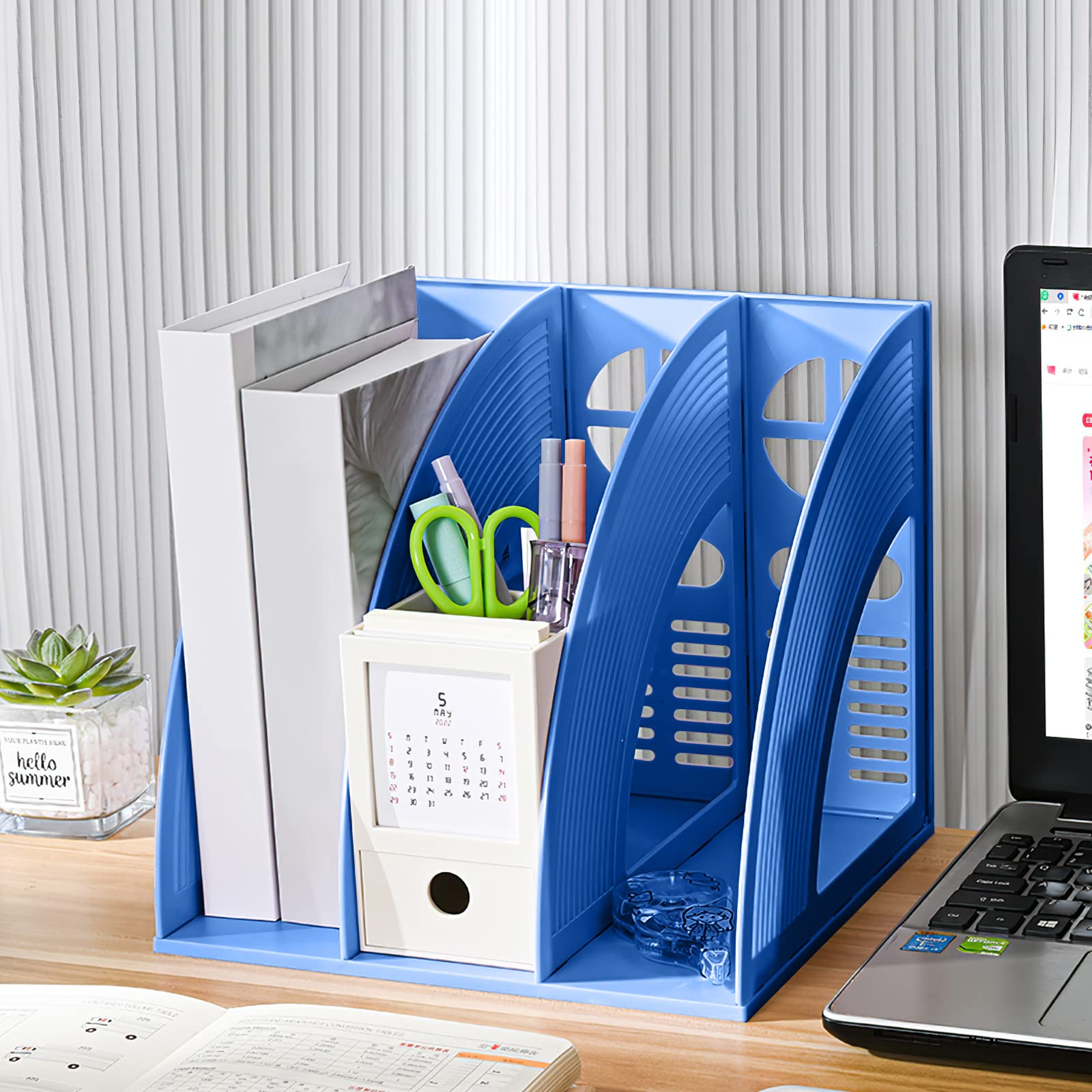 Sturdy Plastic Magazine File Holder - 3 Section Vertical Desktop Organizer for Books, Folders & Documents - Blue | Office, Home & School Storage Solution