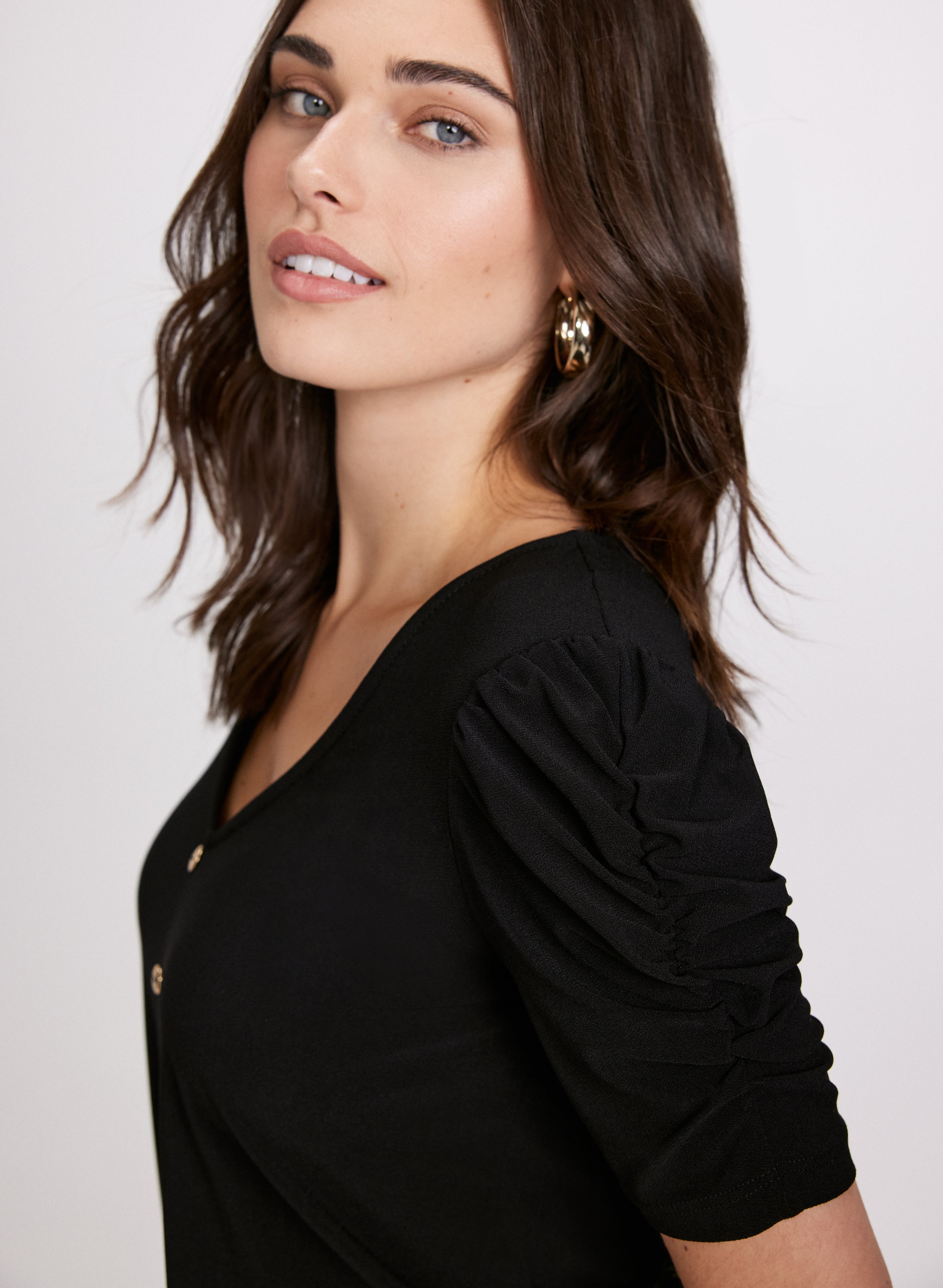Button Front Shirred Sleeve Blouse - Women's Flowy Boho Chic Tops for Casual Outings & Summer Vacations