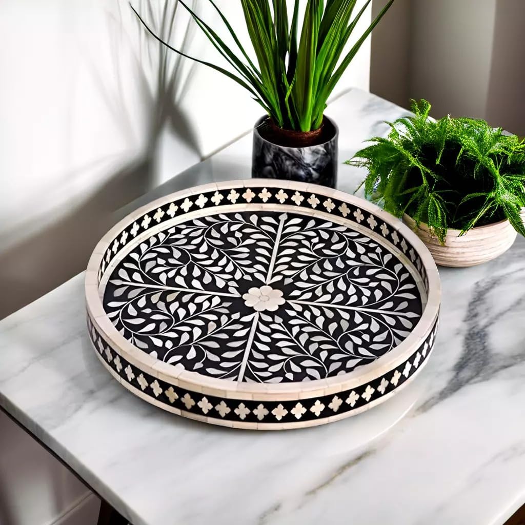 Handcrafted Antique Bone Inlay Round Serving Tray - Black Wooden Ottoman Style Home Decor | Perfect for Breakfast in Bed, Coffee Table Decor, and Gift Giving | Fairdeal Handicrafts