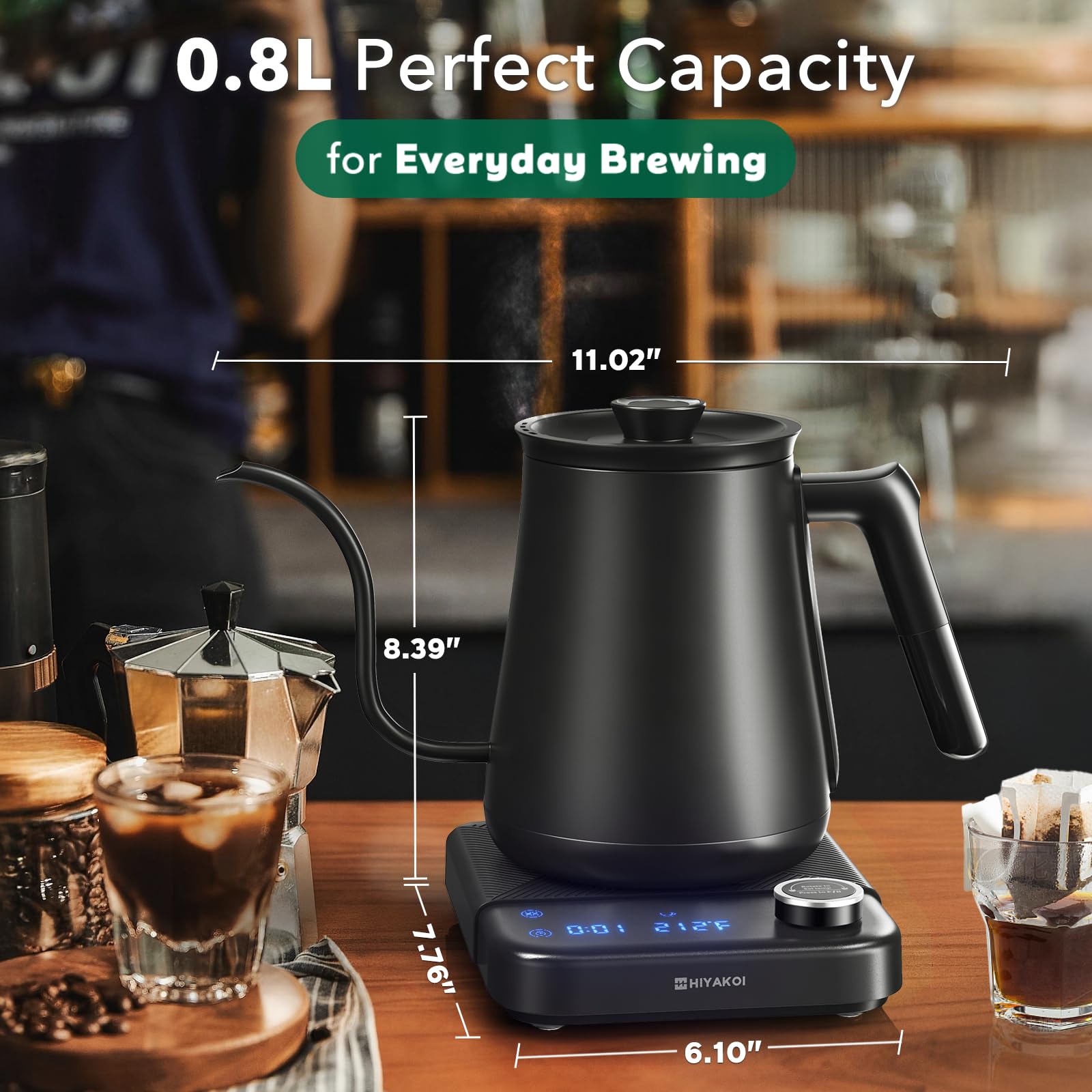HIYAKOI Gooseneck Electric Kettle with Precise Temperature Control - 1200W Fast Heating Stainless Steel Pour Over Kettle for Coffee & Tea (0.8L) - Keep Warm Function - Perfect for Home Brewing, Office Use, and Gift Giving