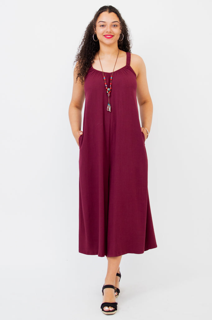 Joanna Jumpsuit - Women's Burgundy Linen Bamboo Romper | Comfortable & Stylish for Summer Outings, Beach Vacations & Casual Wear