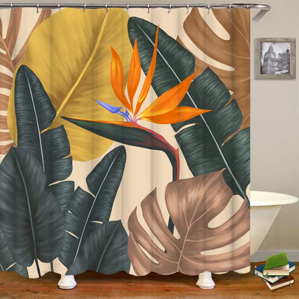Tropical Shower Curtain - Bird of Paradise & Palm Leaf Design, Retro Hawaii Bathroom Decor with Hooks, 72x72 Inches, Brown - Perfect for Beach-Themed Bathrooms and Vacation Home Decor