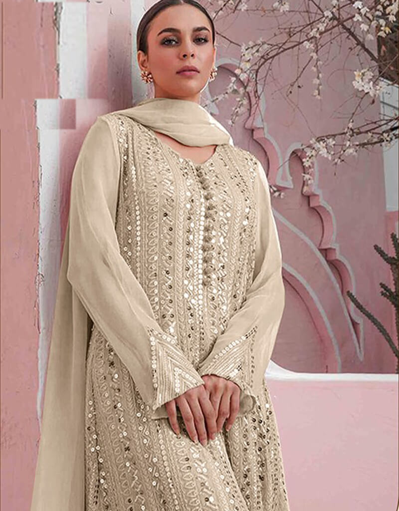 Elegant Beige Sharara Style Suit - Faux Georgette Fabric for Women's Party Wear & Wedding Guest Outfit