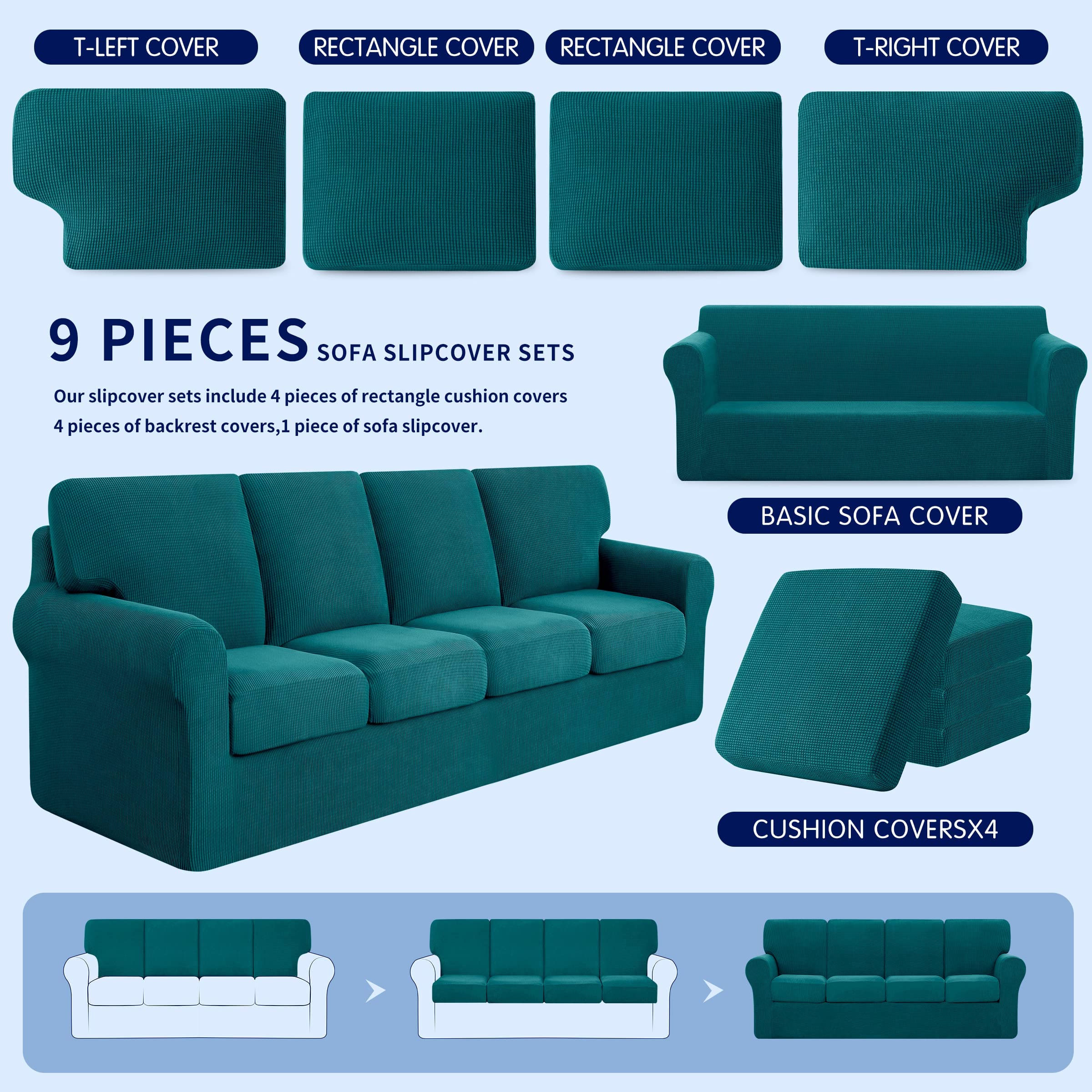 SUBRTEX 3-Piece Armchair Cover & 9-Piece XL Sofa Cover Set - Stretchable Couch Slipcovers with Separate Backrest & Cushion Covers - Living Room Furniture Protector (Small + X-Large, Turquoise) | Perfect for Home Decor, Pet Protection & Furniture Renewal