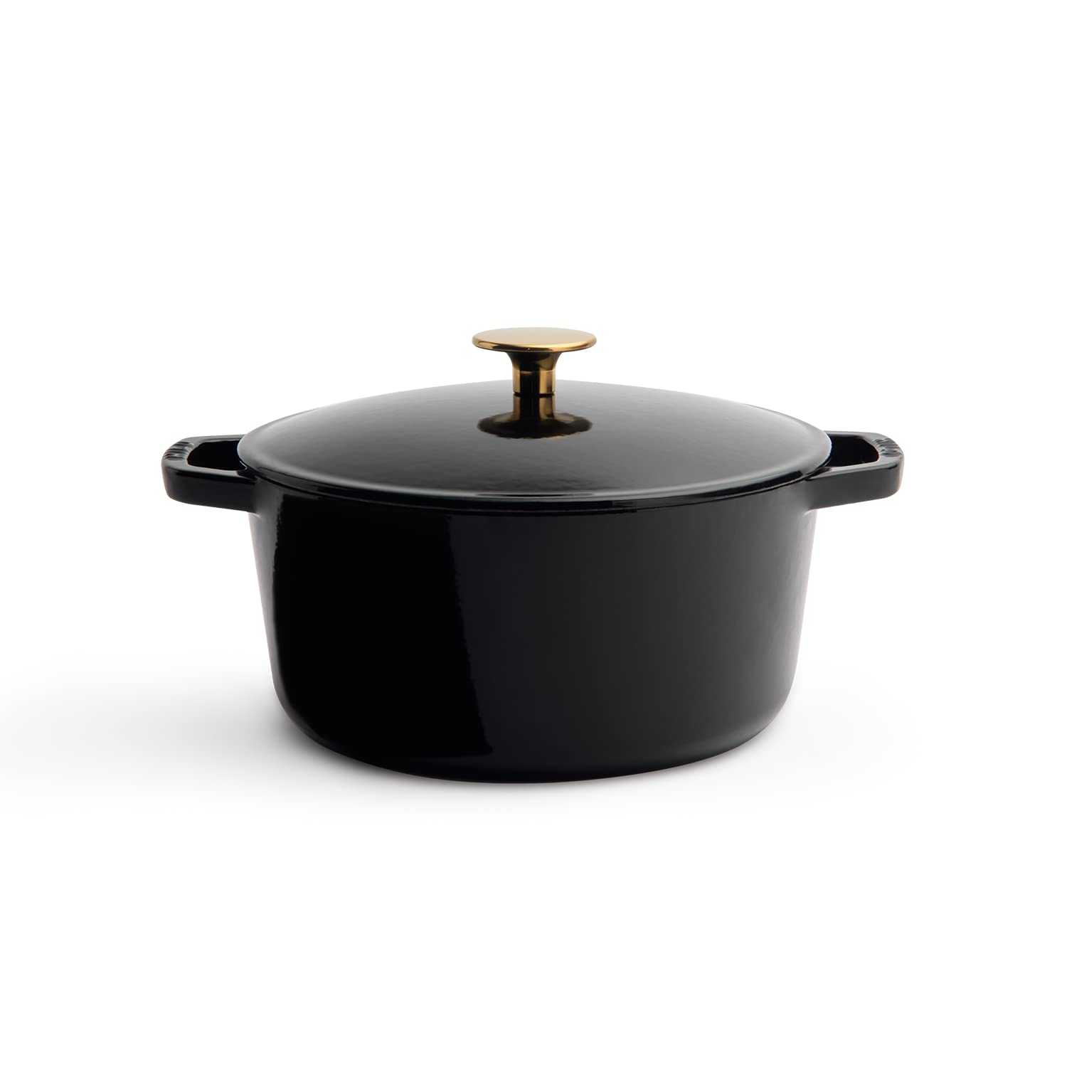 Premium 3.5-Quart Enameled Cast Iron Dutch Oven with Lid - Gloss Black with Gold Knob | Oven & Dishwasher Safe Casserole Pot | Even Heat Distribution for Braising, Baking & Slow Cooking | Perfect for Soups, Stews & Family Meals