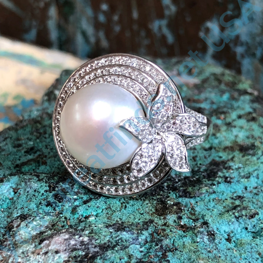 Elegant Sterling Silver Pearl & Cubic Zirconia Ring - Size 10 | Perfect for Weddings, Anniversaries & Special Occasions
