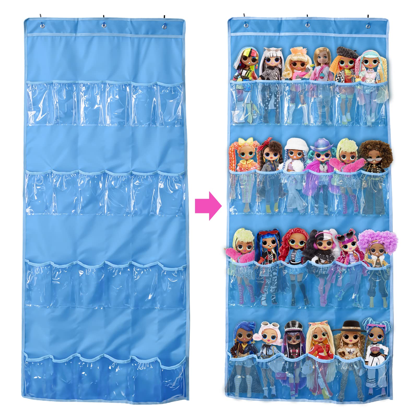 Over the Door Toy Storage Organizer - 24 Pockets Hanging Organizer for Dolls, Stuffed Animals & Toys (57.5