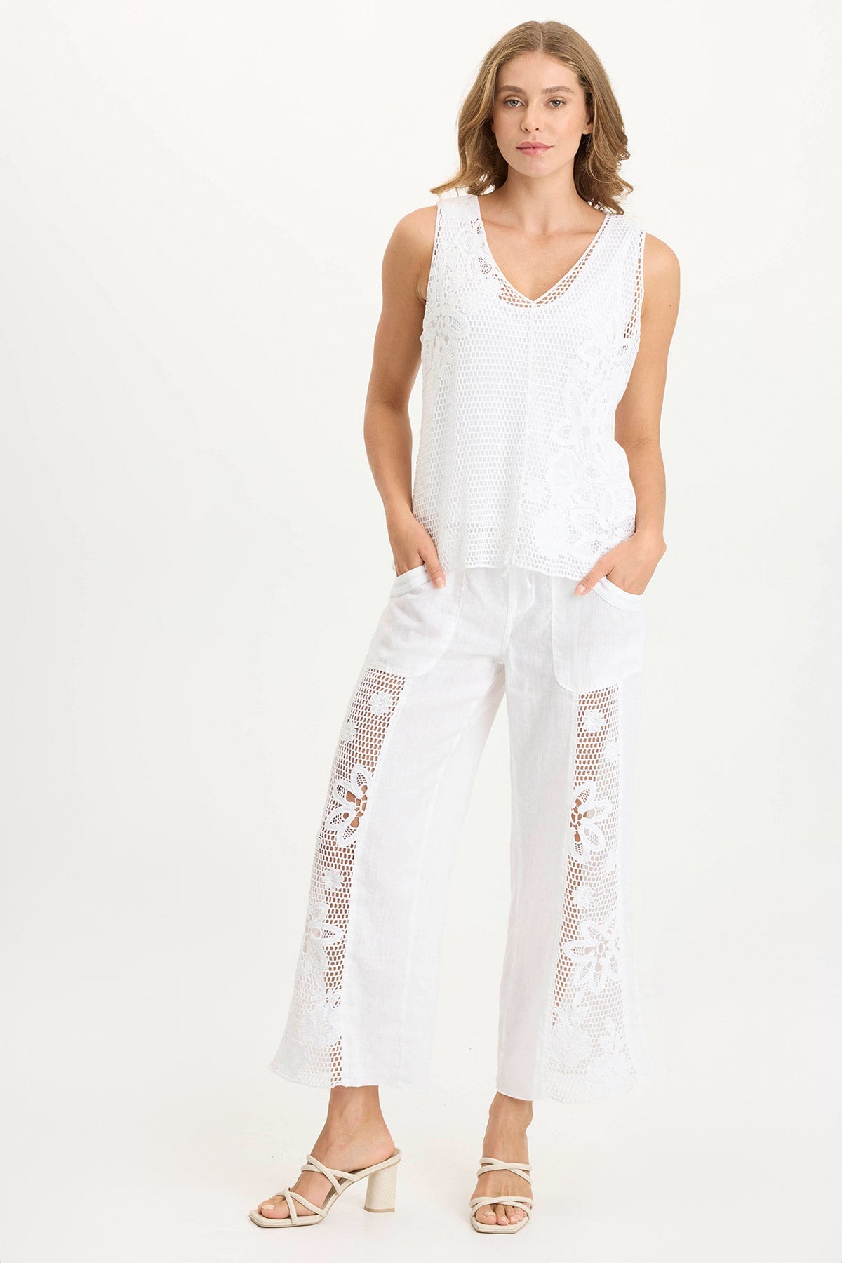 Rokel Linen Crochet Ruched Wide Leg Pants - Boho Chic High Waisted Palazzo Trousers for Women | Perfect for Summer, Beach Vacations & Casual Outings