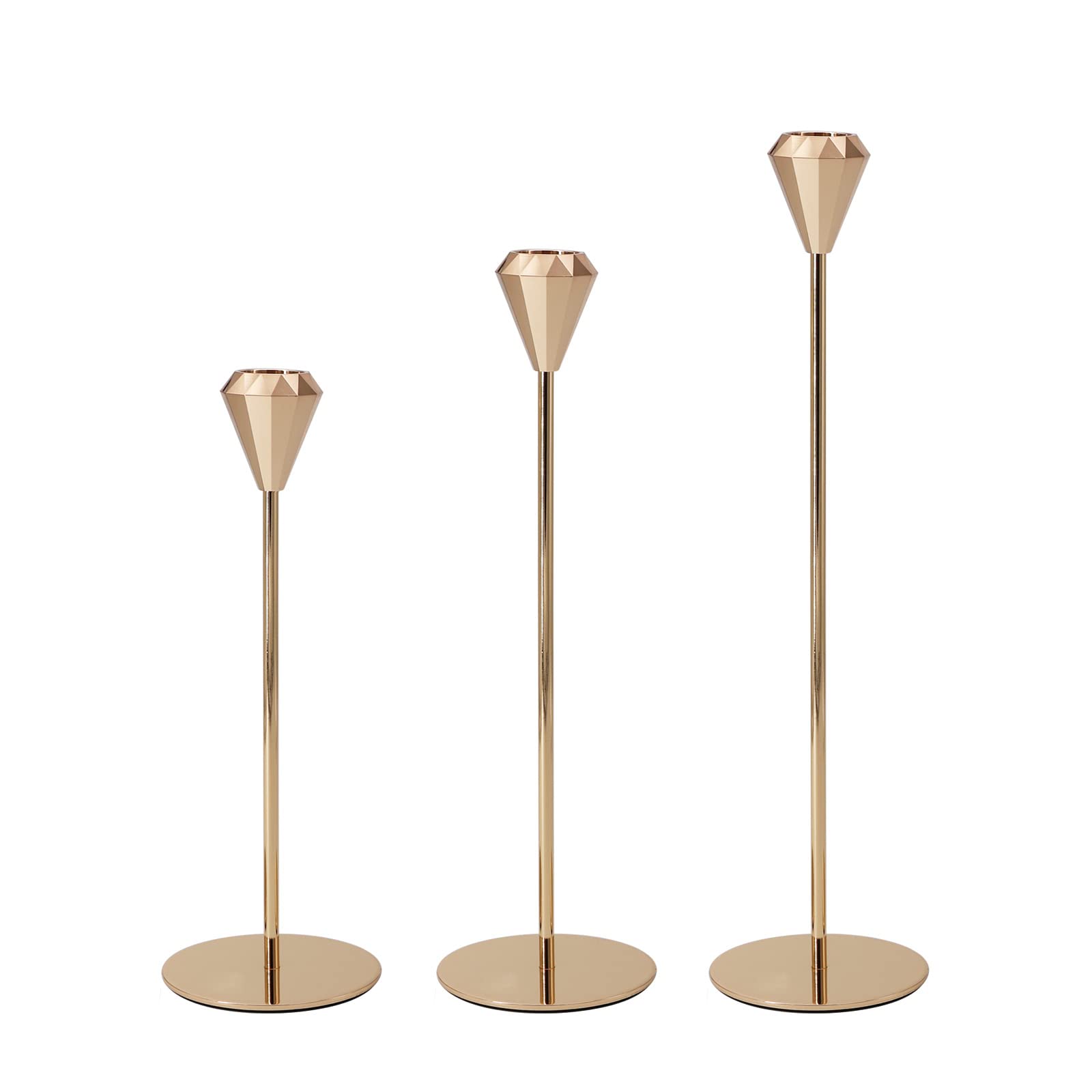 RUNNING HORSE RH Gold Candle Holders Set of 3 - Elegant Taper Candle Holders for 7/8 Inch Candles, Home Decor, Wedding Centerpieces, Dining Table & Party Decorations - Perfect for Romantic Dinners, Anniversary Celebrations & Holiday Tablescapes