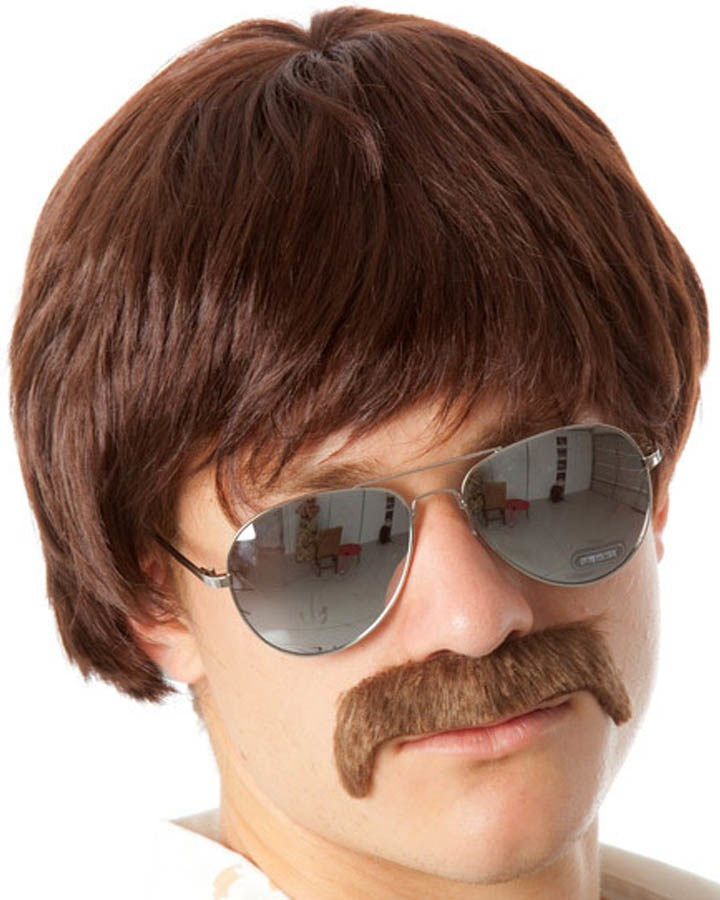 70s Detective Brown Wig and Mustache Set - Vintage Costume Accessories for Halloween, Cosplay, and Themed Parties