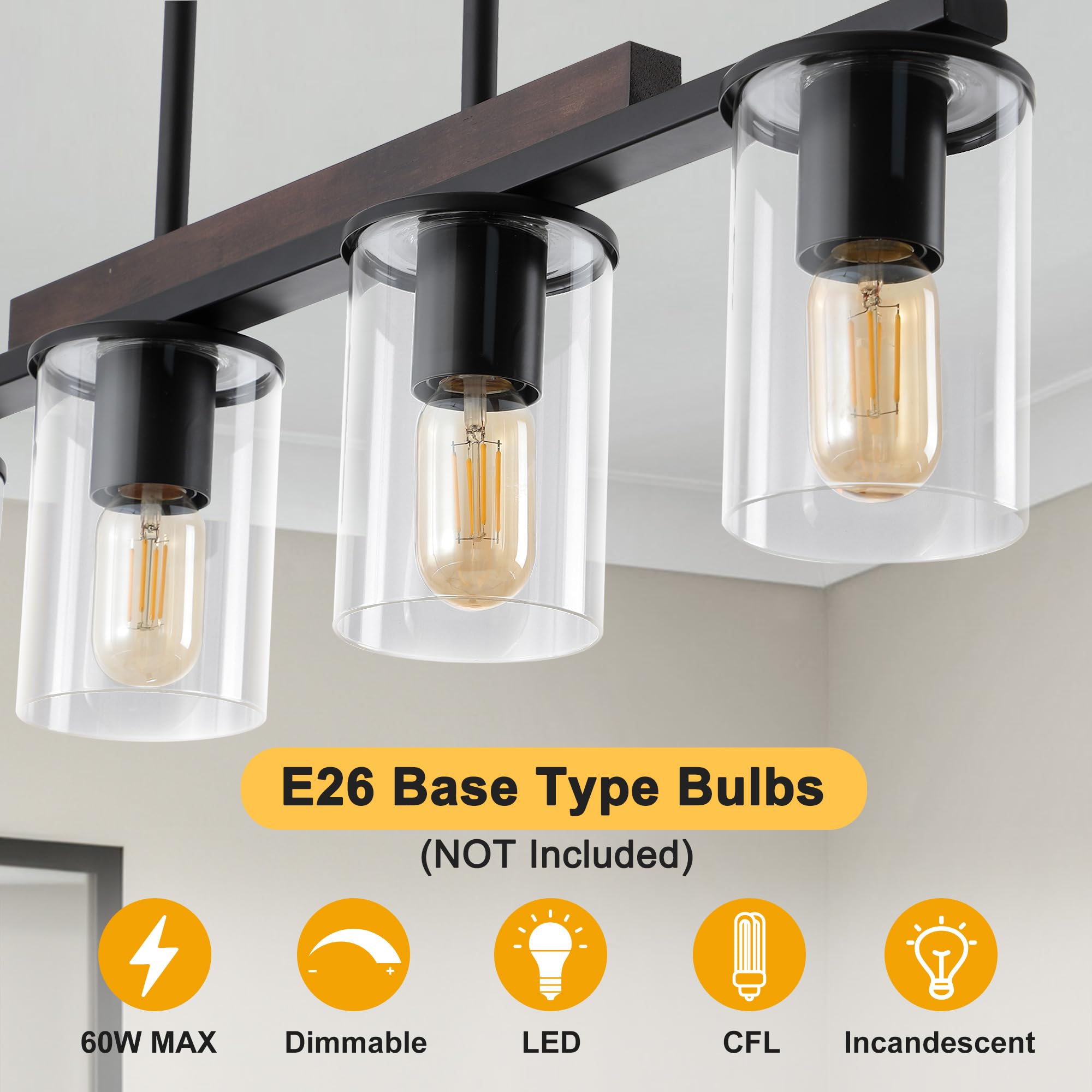 Farmhouse Black Pendant Light Fixture - 4-Light Linear Chandelier for Dining Room & Kitchen Island with Wood Accents | Perfect for Rustic, Modern Farmhouse & Industrial Style Home Decor