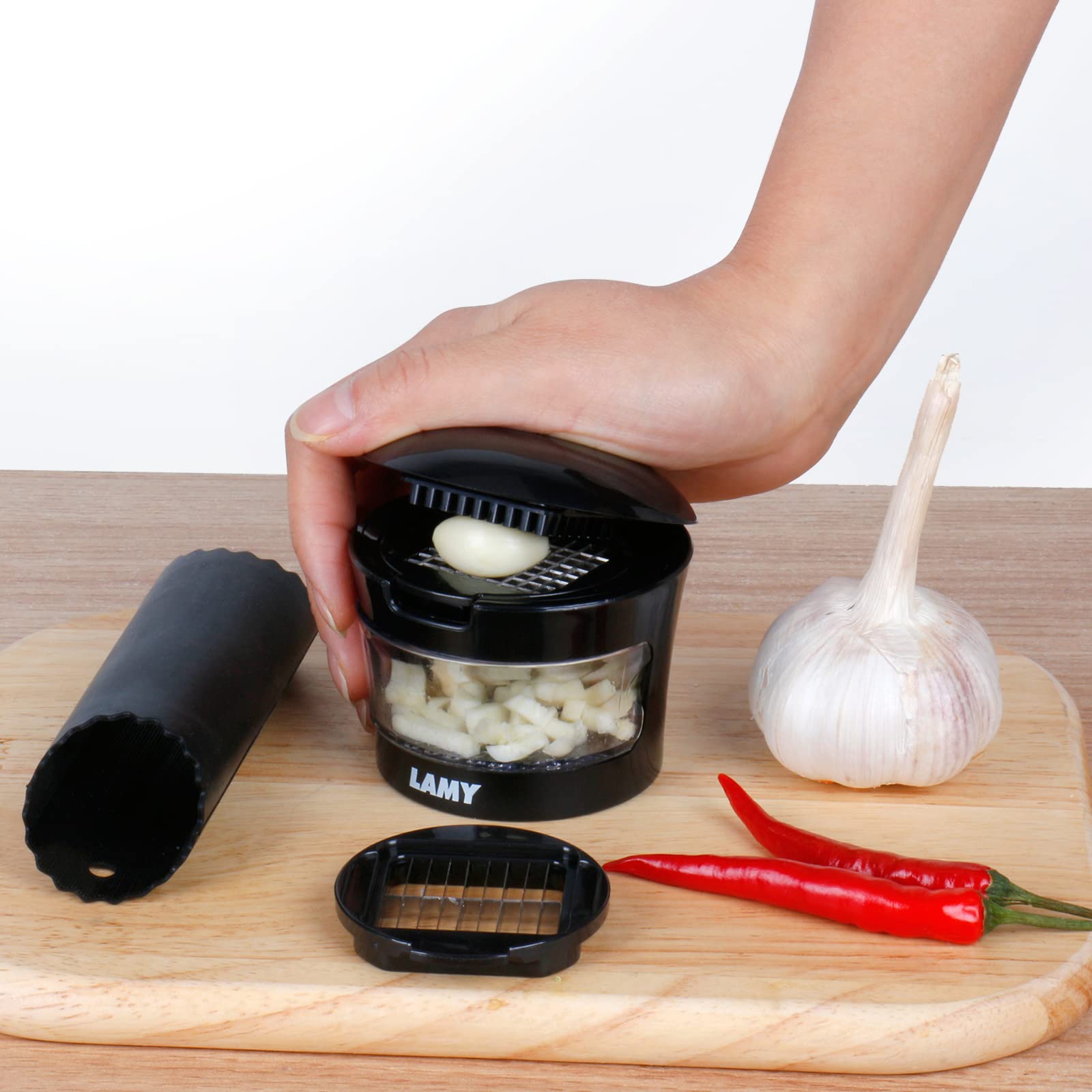 Premium LAMY Stainless Steel Garlic Press & Mincer Set with Silicone Peeler - Heavy Duty Kitchen Gadget for Chopping, Crushing Garlic - Easy Clean Manual Garlic Crusher - Perfect for Cooking, Meal Prep & Italian Dishes