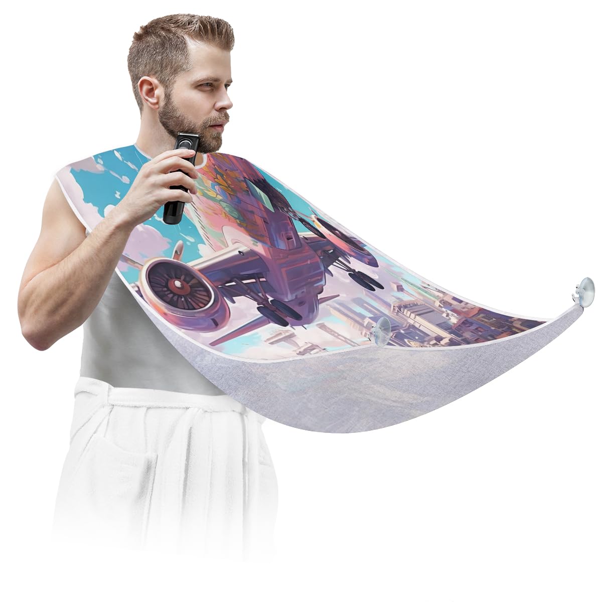 Pink Airplane Print Beard Shaving Bib for Men - Waterproof Barber Apron for Hair Dye & Makeup - Beard Hair Catcher for Sink - Perfect Gift for Barbers & Grooming Enthusiasts (Great for Home & Salon Use)