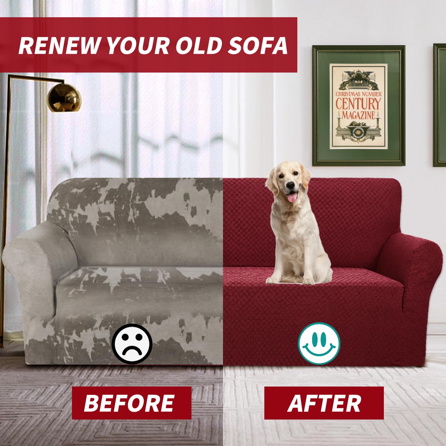 YEMYHOM Jacquard Stretch Sofa Cover - Non-Slip Elastic Furniture Protector for Living Room Chairs, Pet-Proof Armchair Slipcover (Small, Christmas Wine Red) - Perfect for Home Decor, Pet Owners & Holiday Styling